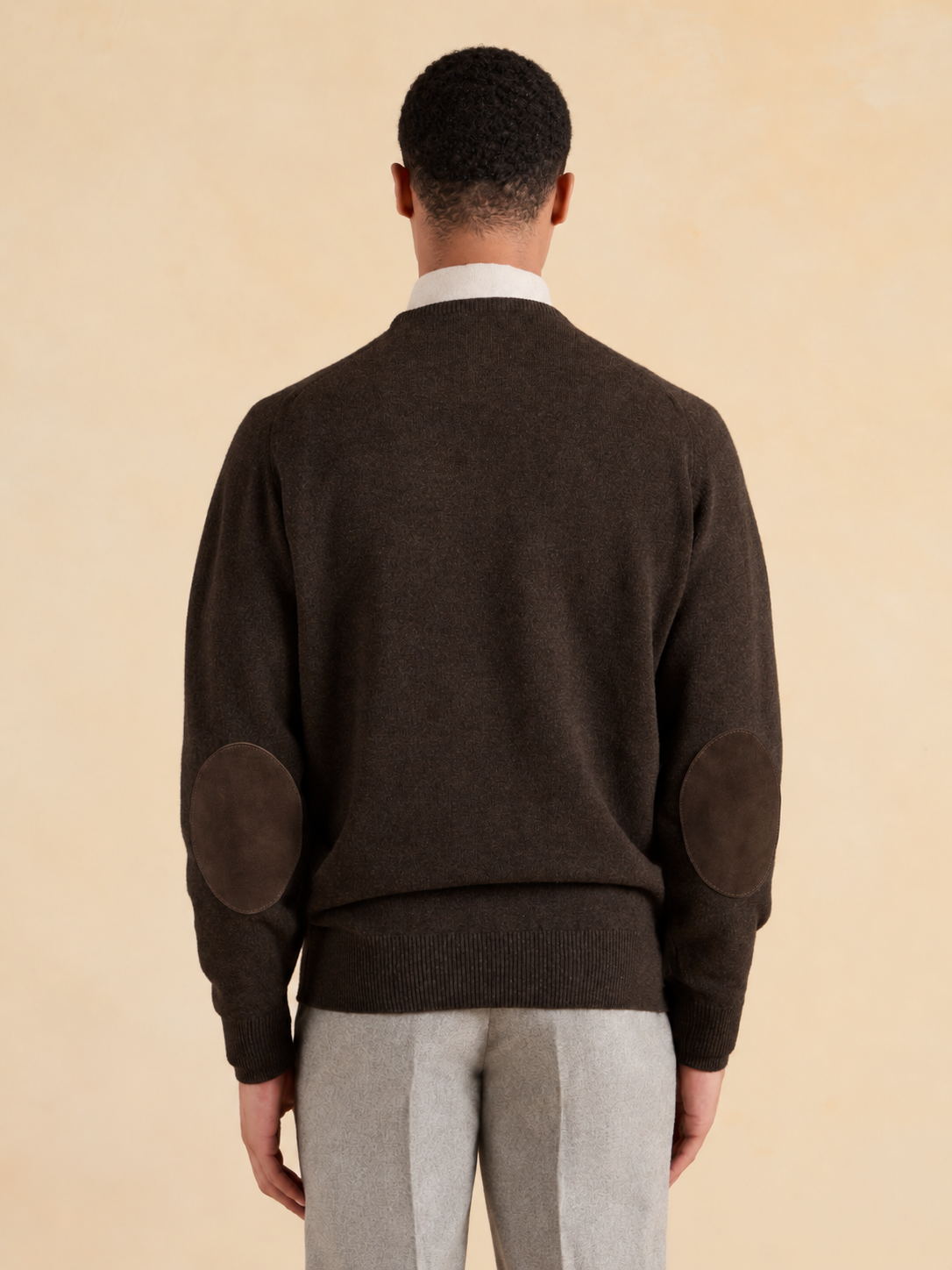 Lambswool Crew Neck with Alcantara Patches - Cocoa