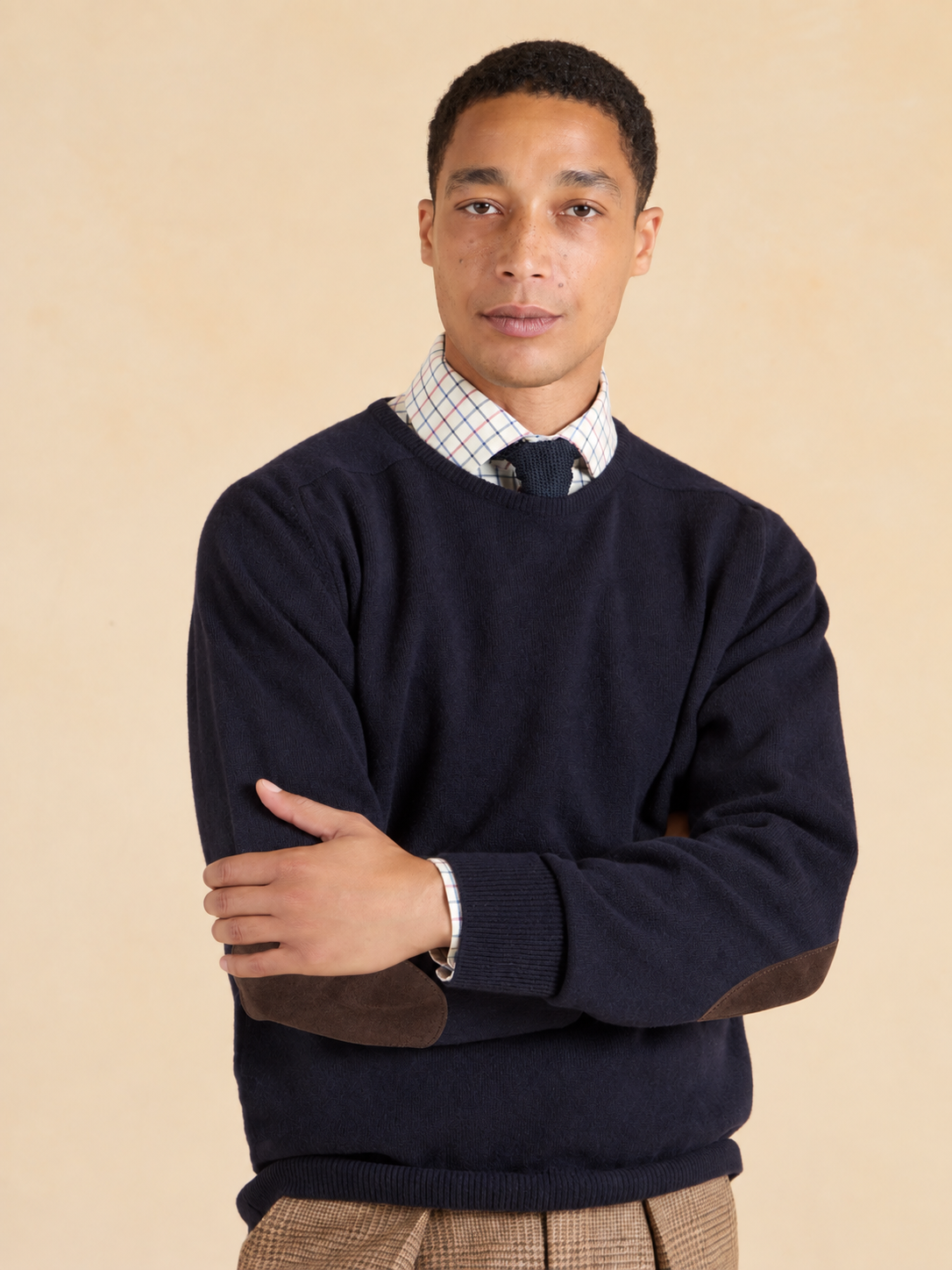Lambswool Crew Neck with Alcantara Patches - Navy
