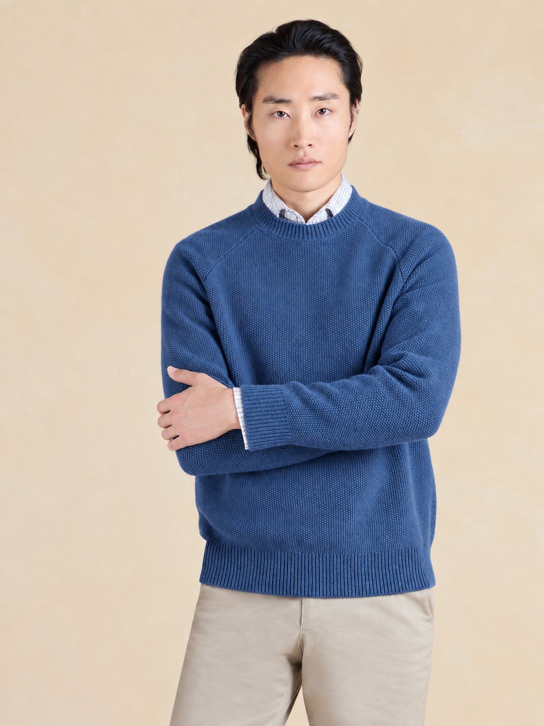 Lansdowne Moss Stitch Crew Neck Jumper - Ink Blue Lambswool