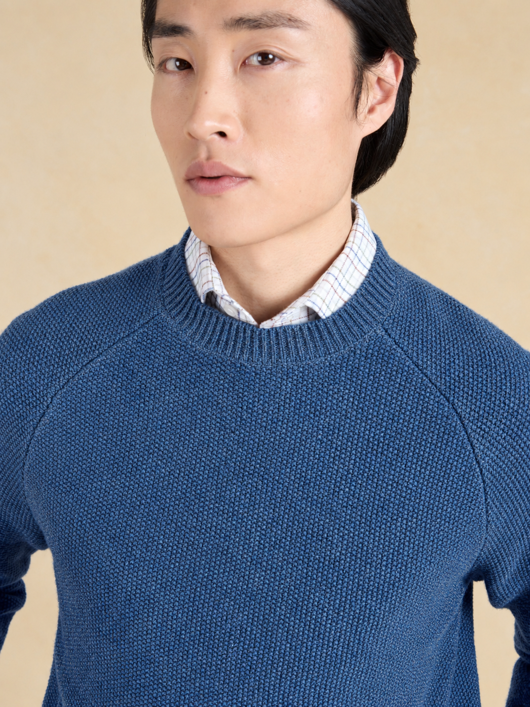 Lansdowne Moss Stitch Crew Neck Jumper - Ink Blue Lambswool
