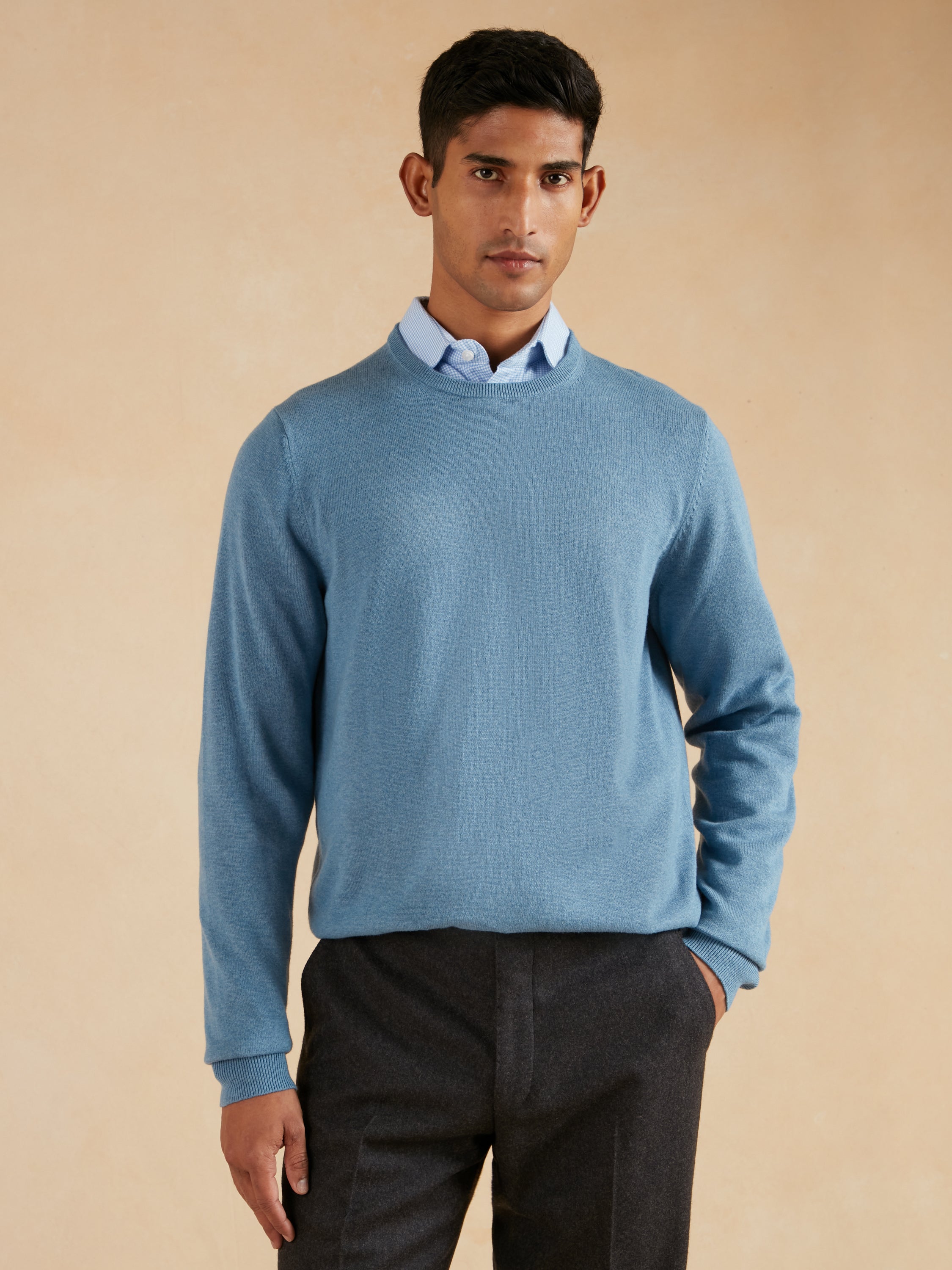 Lightweight Cotton Cashmere Crew Neck Jumper - Airforce Blue
