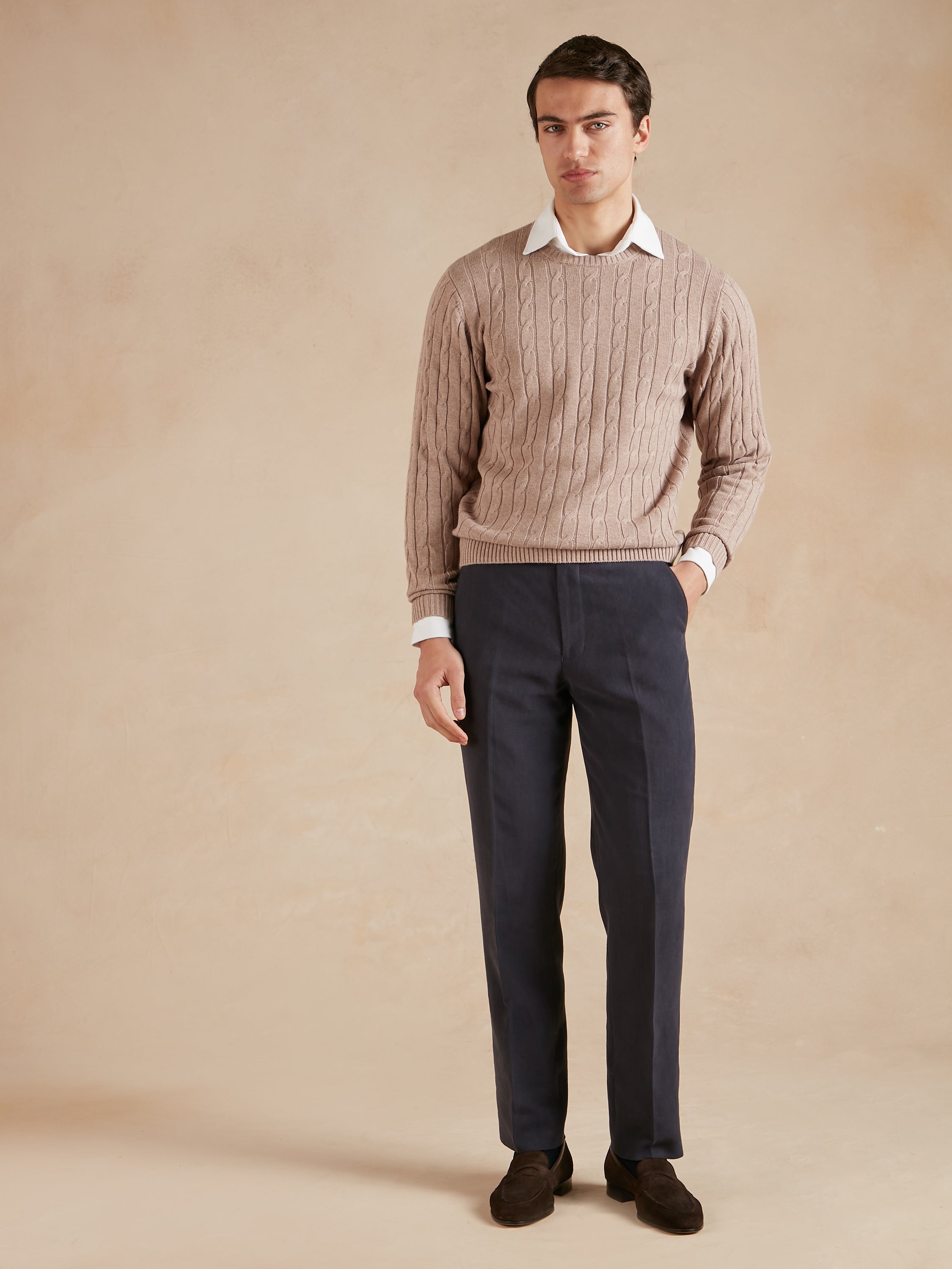 Cable Knit Cotton Cashmere Crew Neck Jumper - Beech Brown