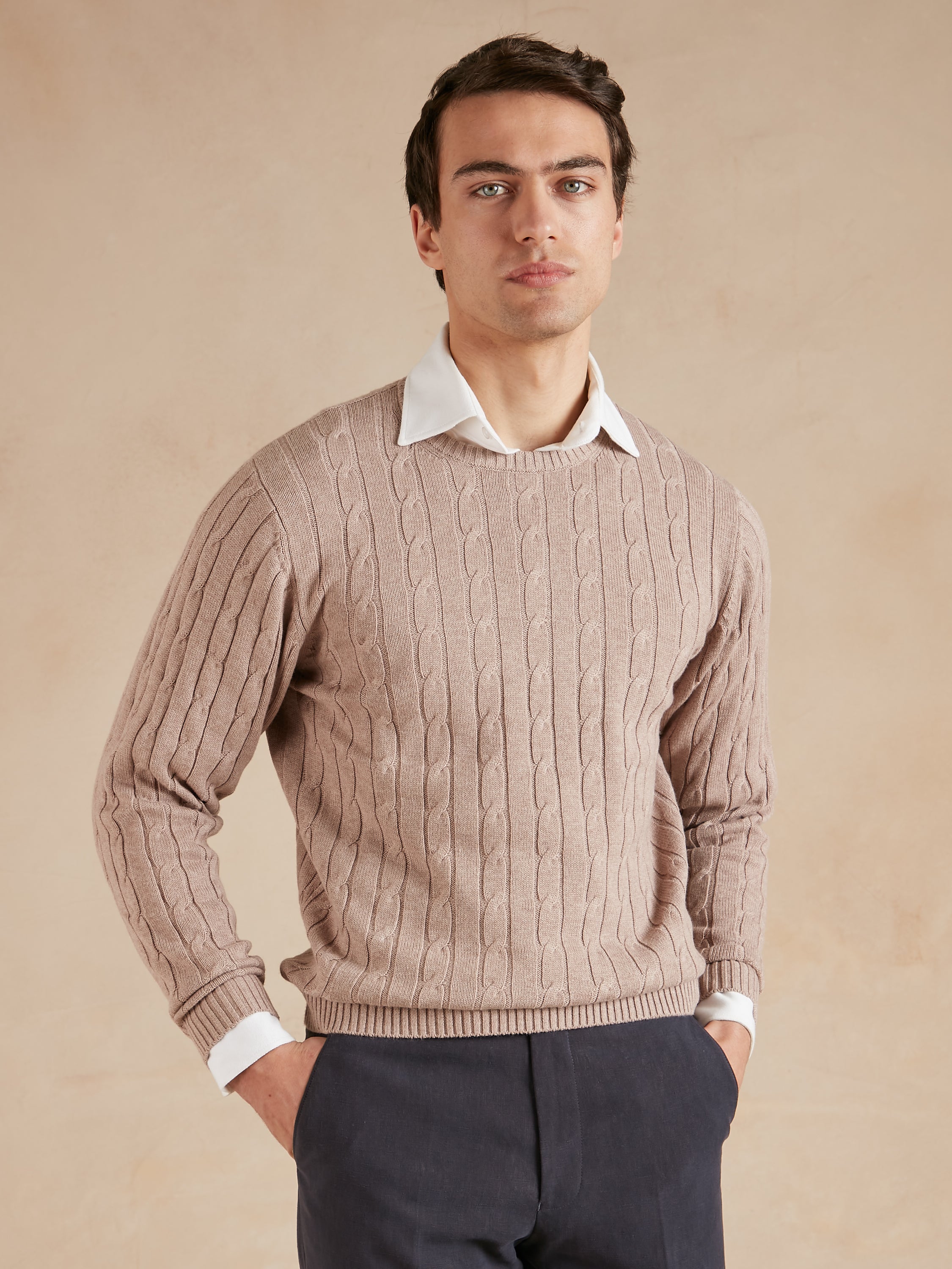 Cable Knit Cotton Cashmere Crew Neck Jumper - Beech Brown