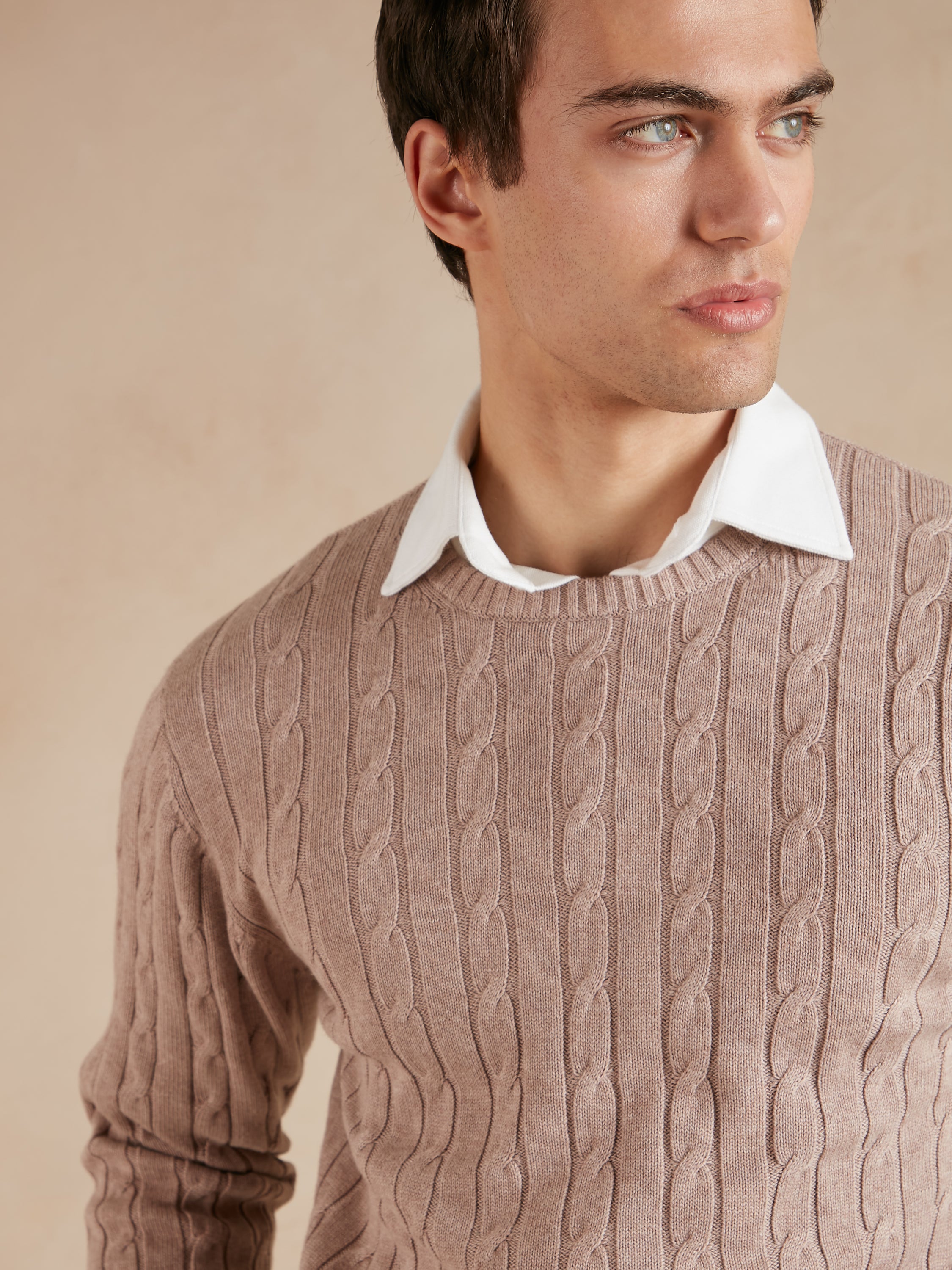 Cable Knit Cotton Cashmere Crew Neck Jumper - Beech Brown