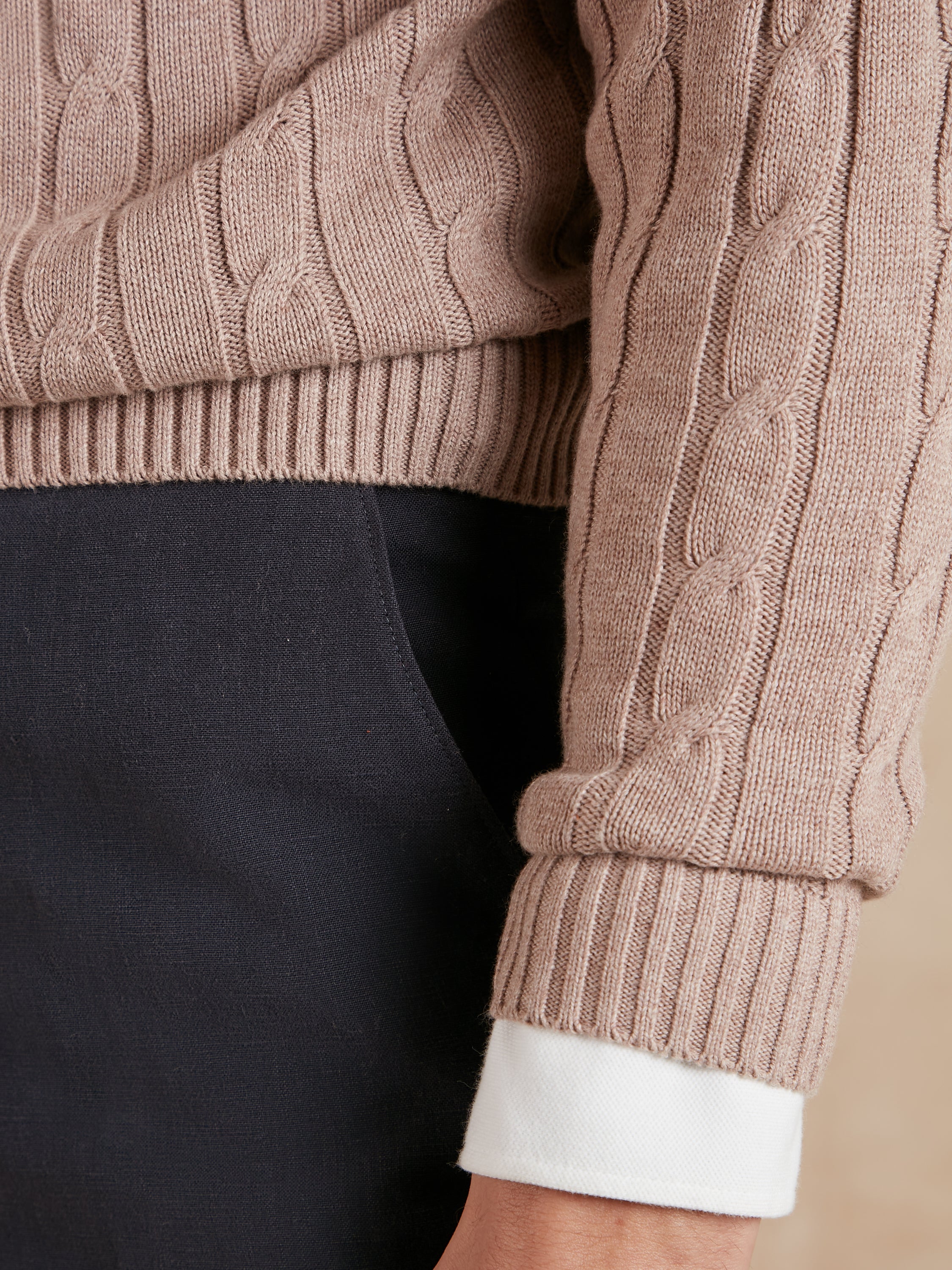 Cable Knit Cotton Cashmere Crew Neck Jumper - Beech Brown