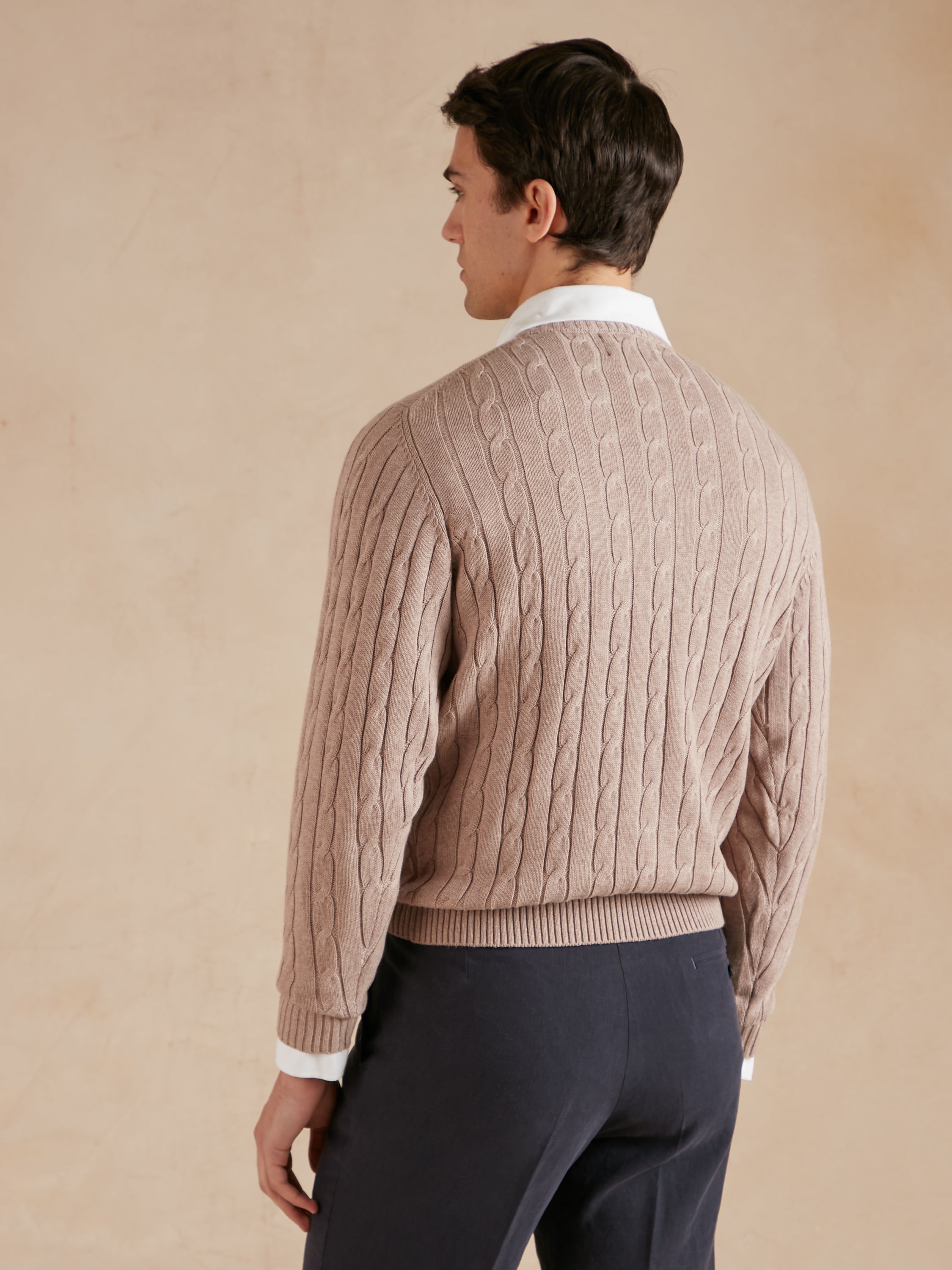Cable Knit Cotton Cashmere Crew Neck Jumper - Beech Brown