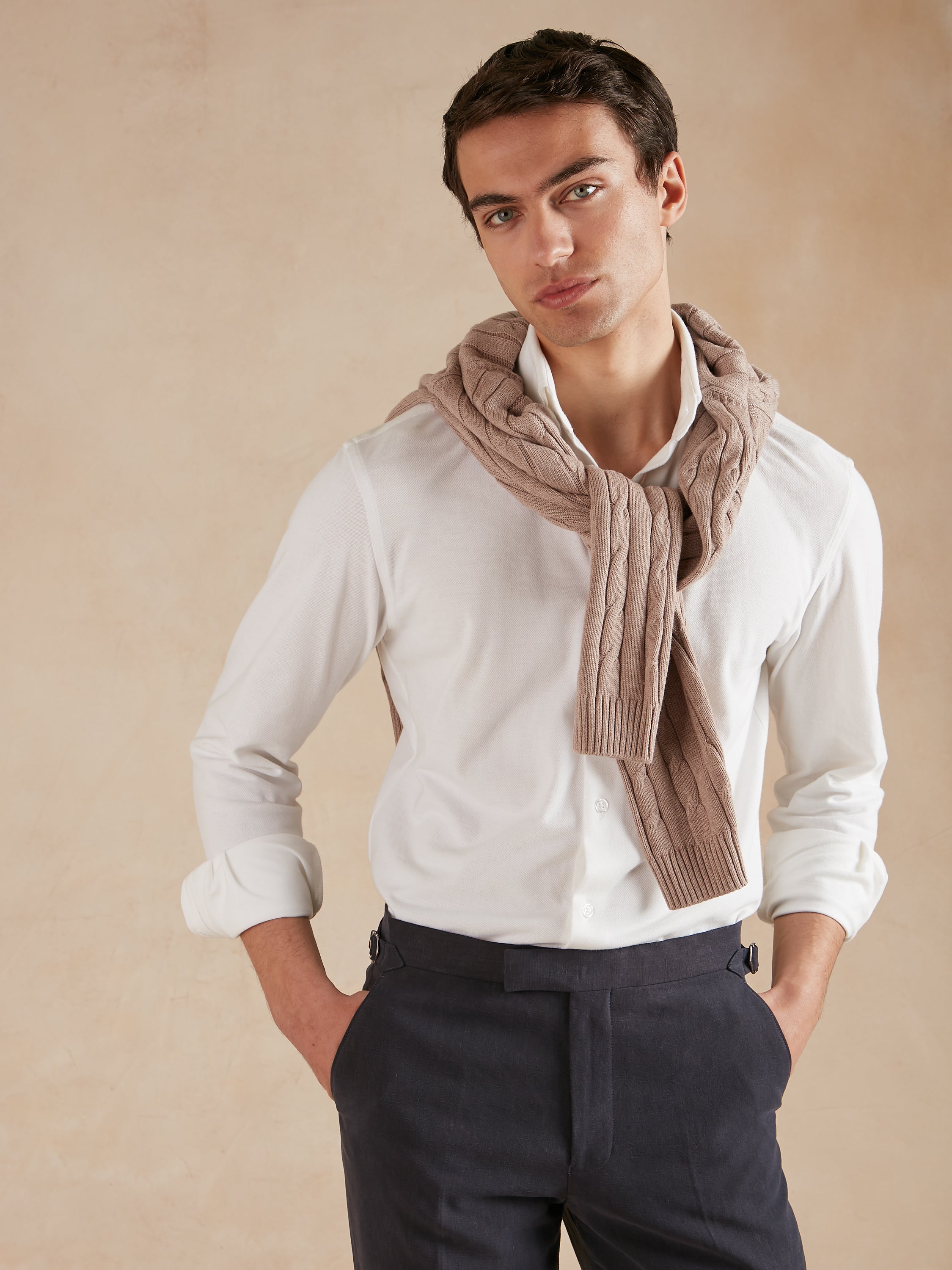 Cable Knit Cotton Cashmere Crew Neck Jumper - Beech Brown