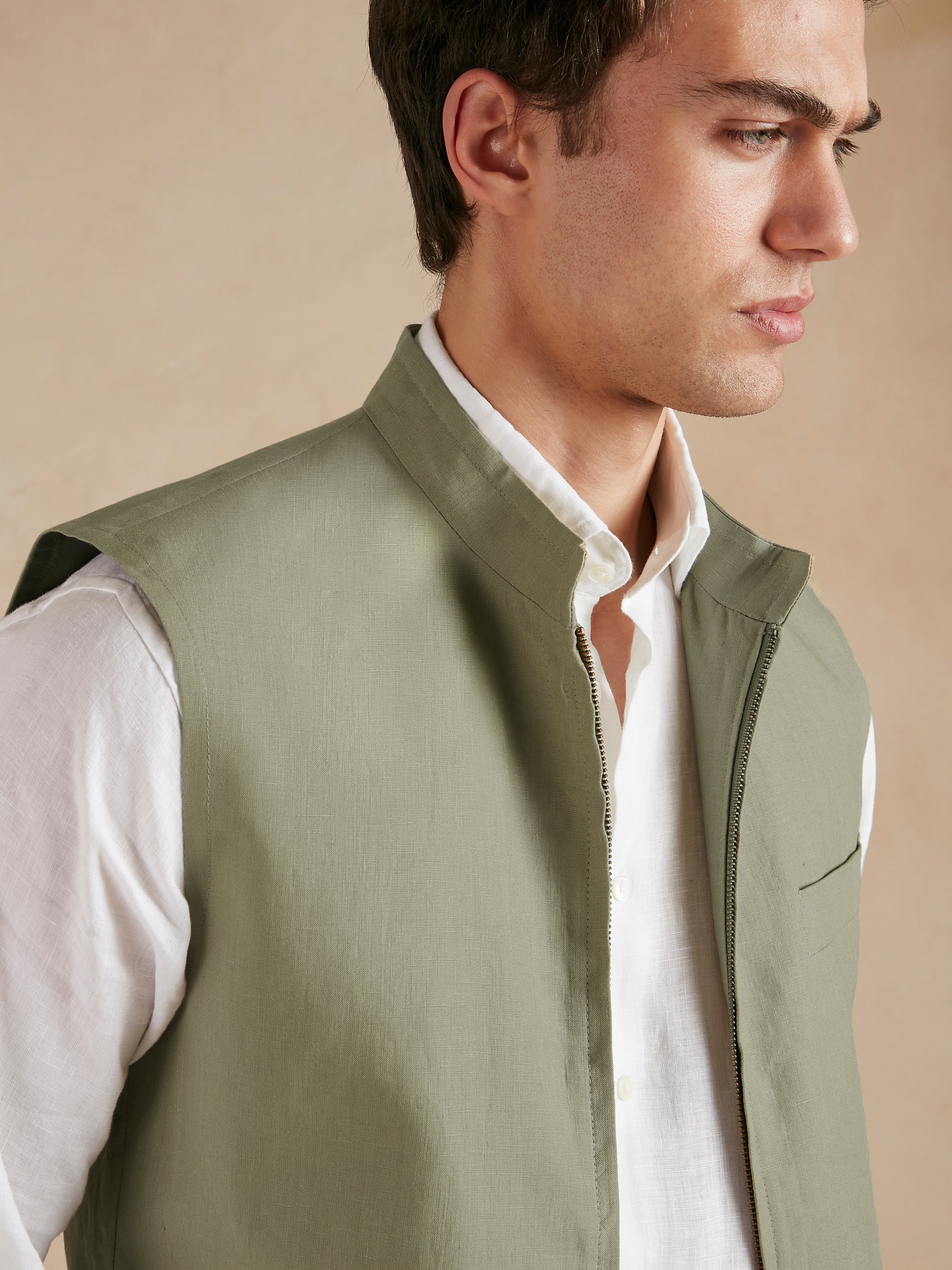 Linen Gilet with Zip - Sage Green