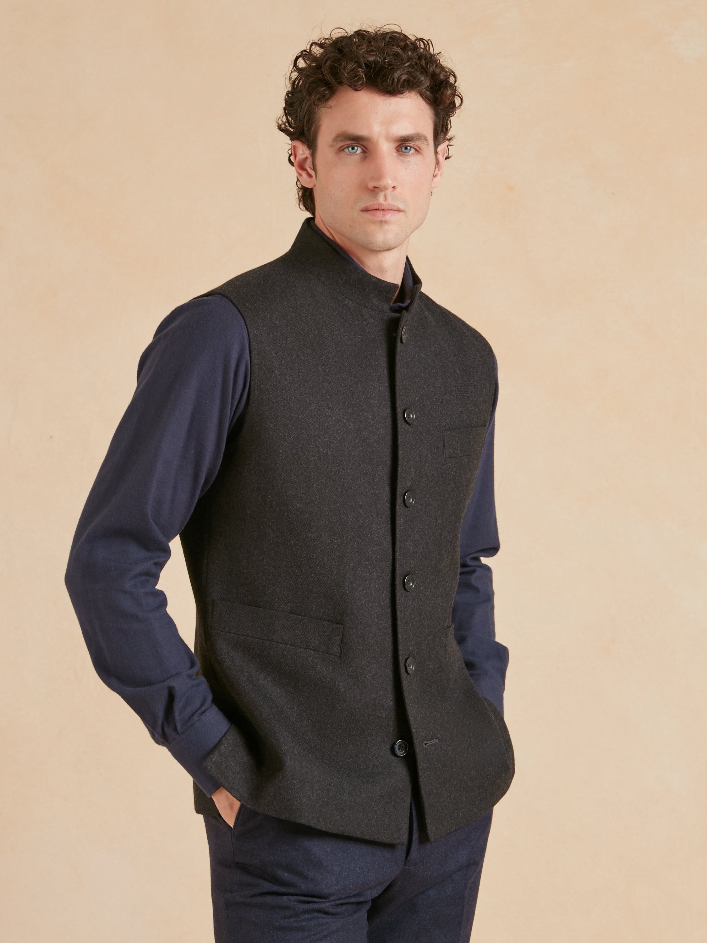Nehru Gilet Flannel - Charcoal