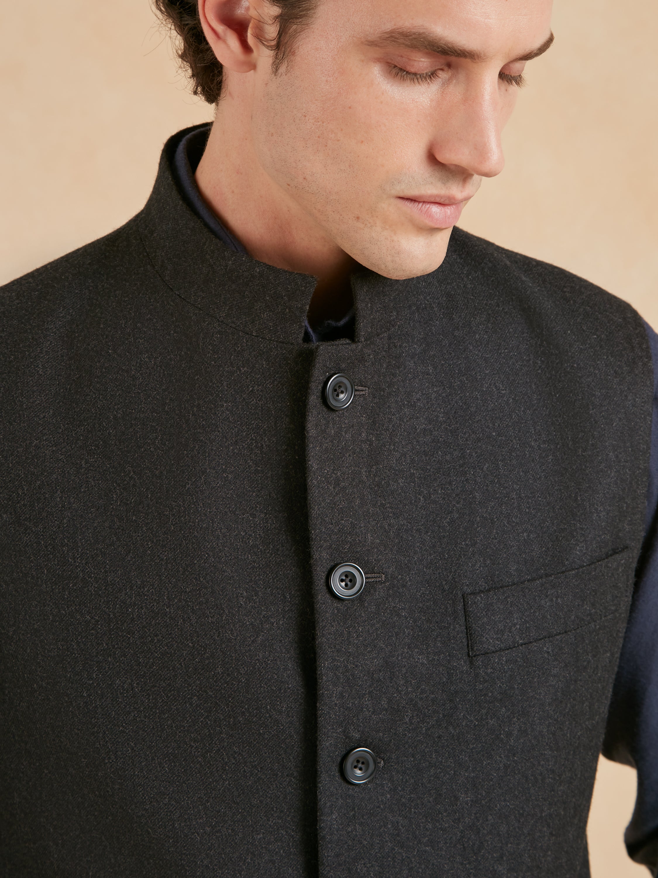 Nehru Gilet Flannel - Charcoal