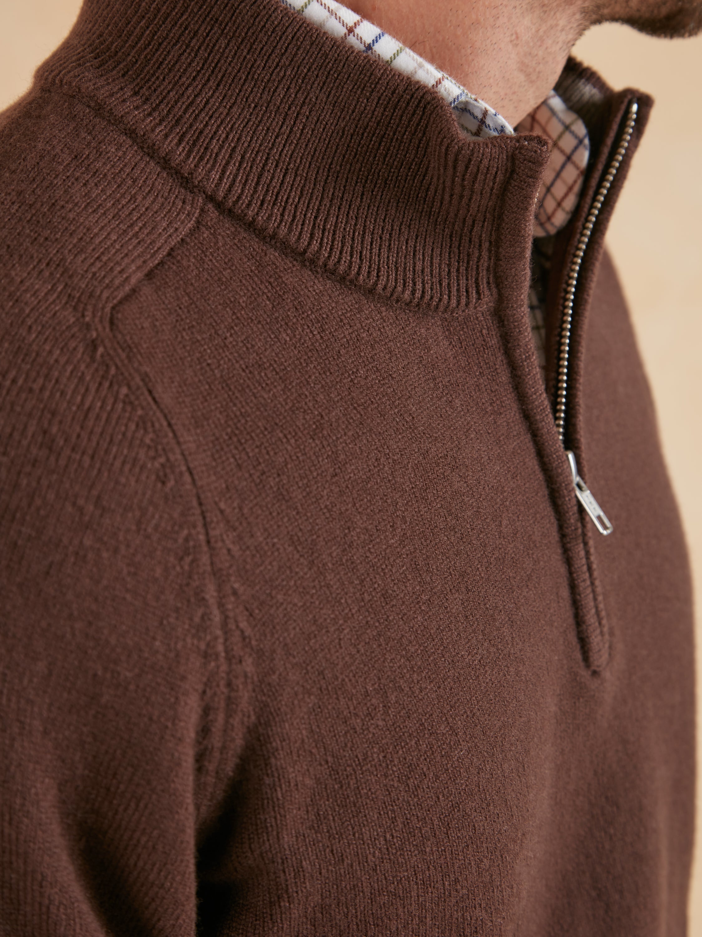 Quarter Zip Lambswool Jumper - Brown