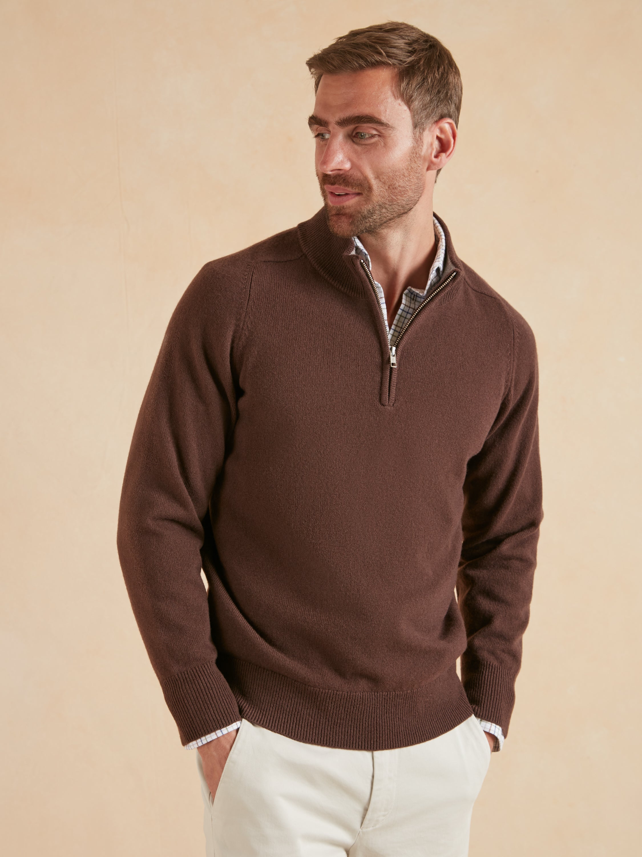 Quarter Zip Lambswool Jumper - Brown