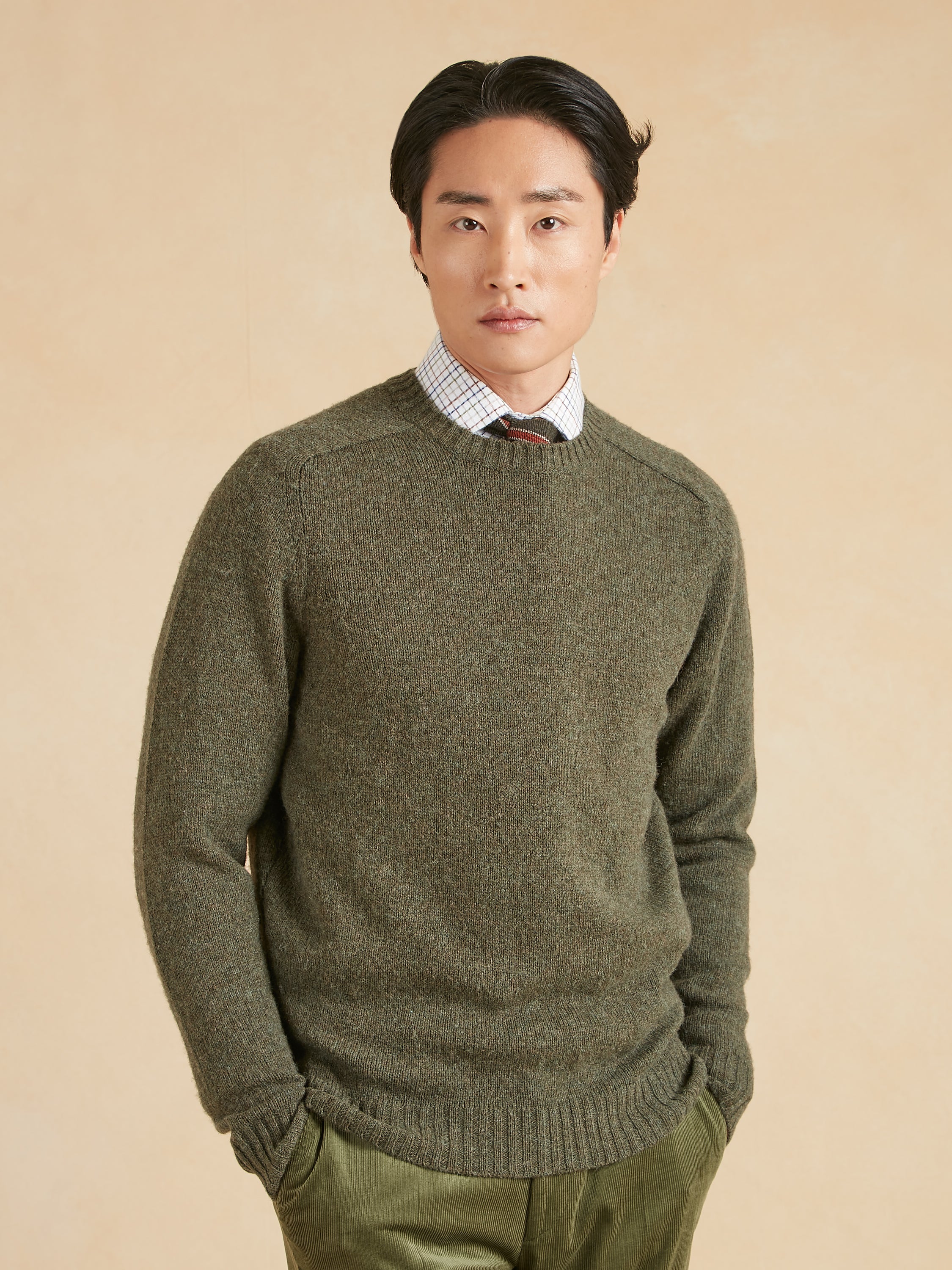 Shetland Crew Neck Jumper - Olive Green