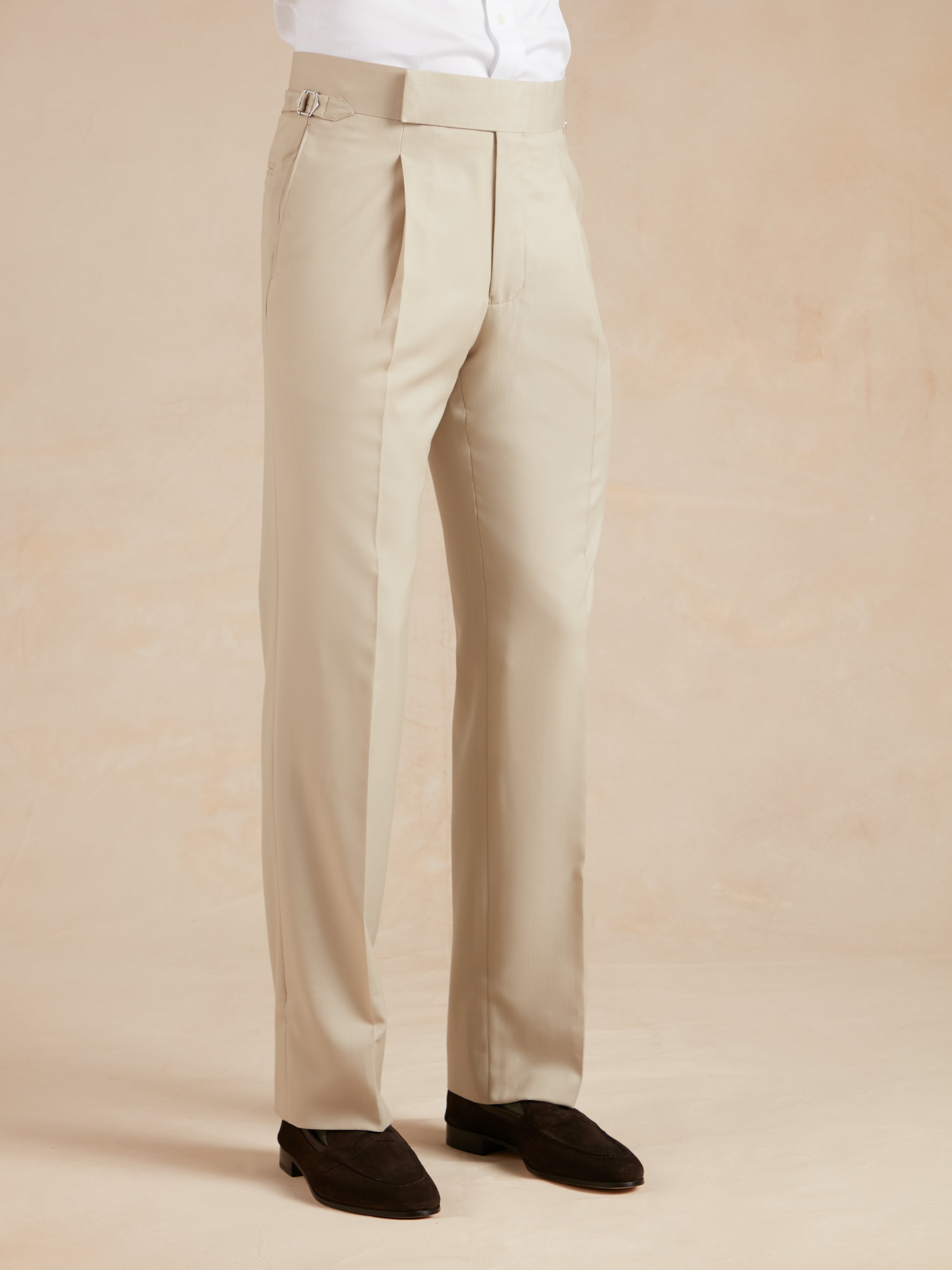 Single Pleat Cool Wool Trousers - Beige