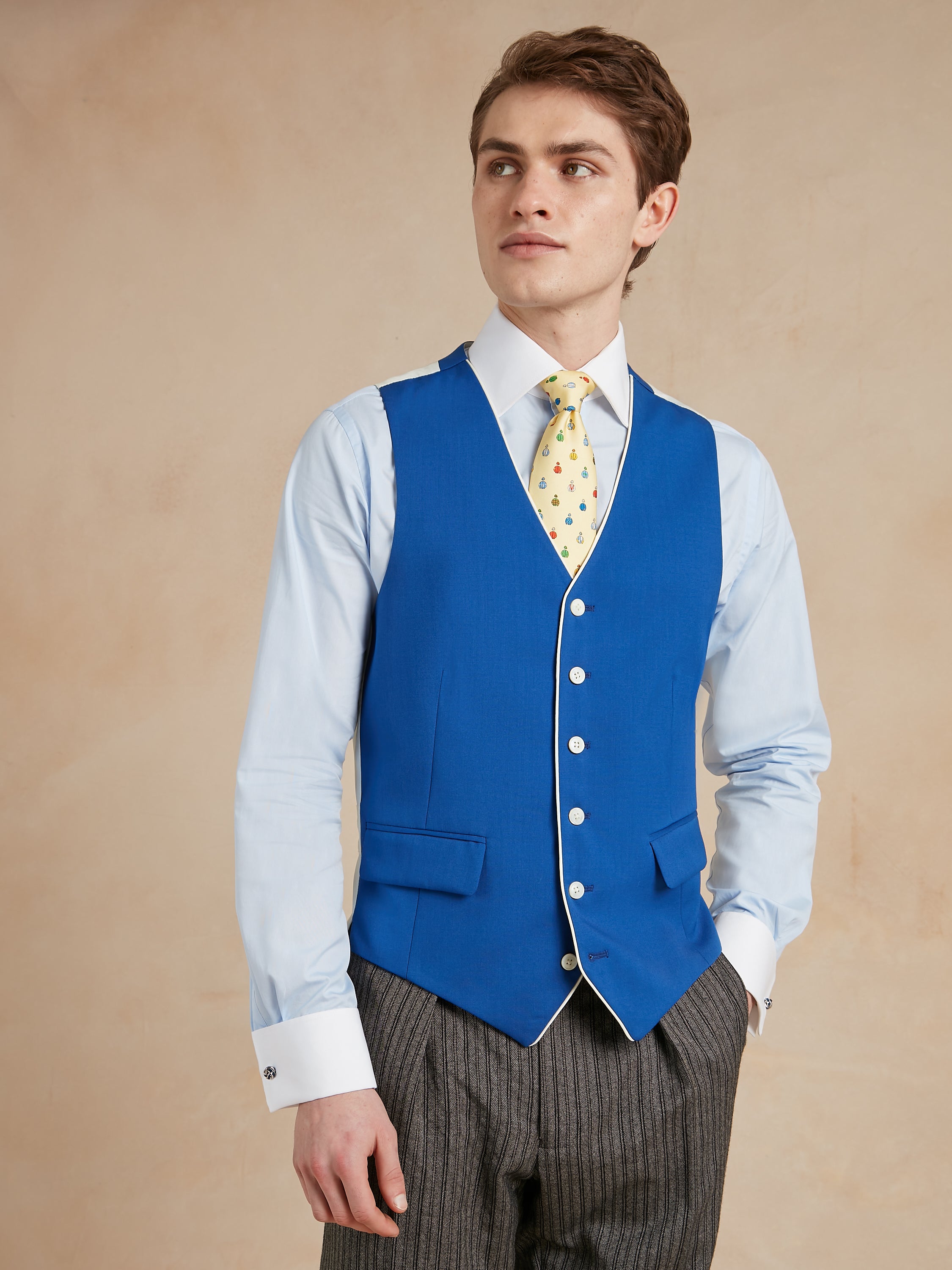 Single Breasted Wool Waistcoat With Piping - Royal Blue