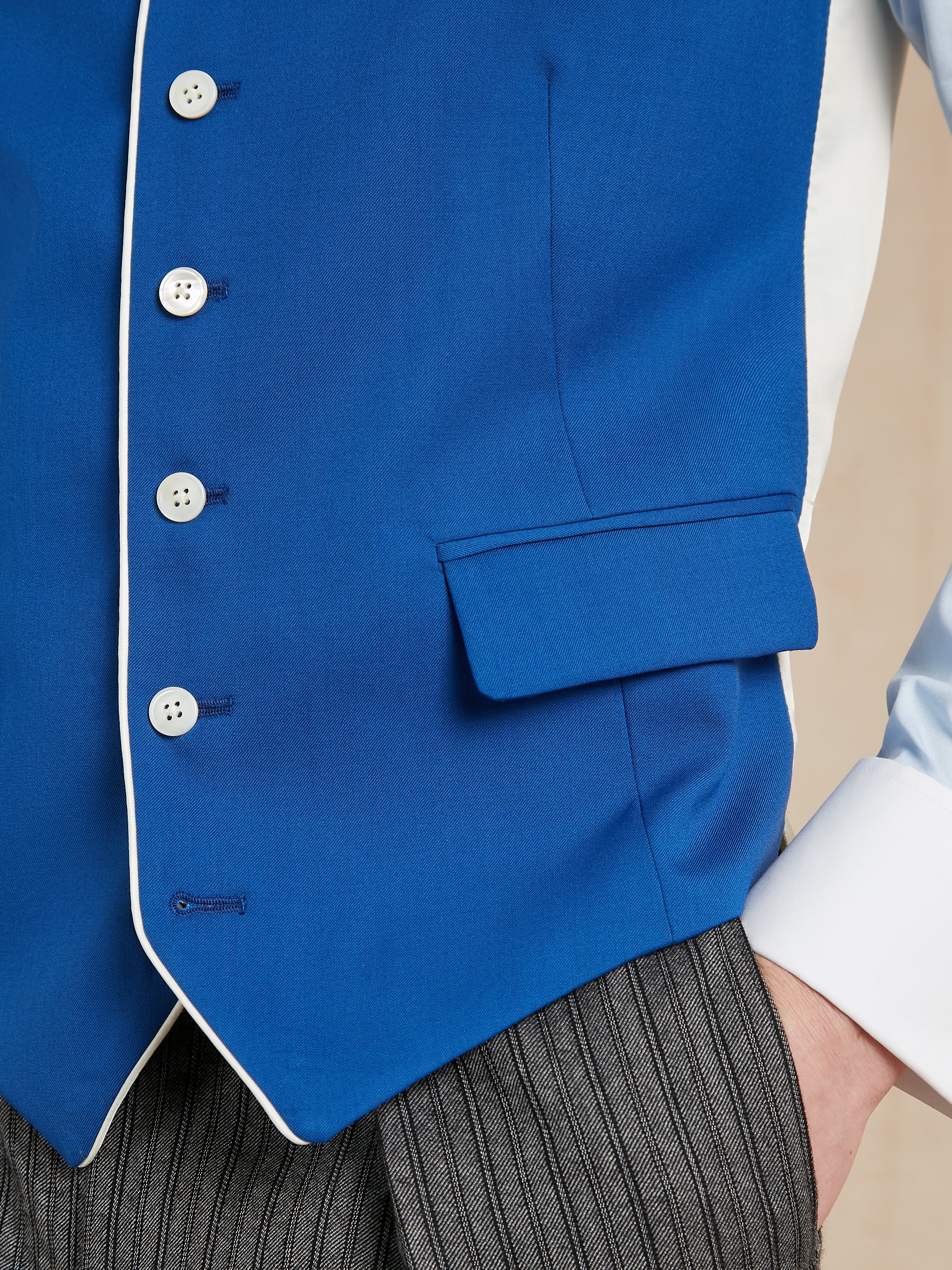 Single Breasted Wool Waistcoat With Piping - Royal Blue