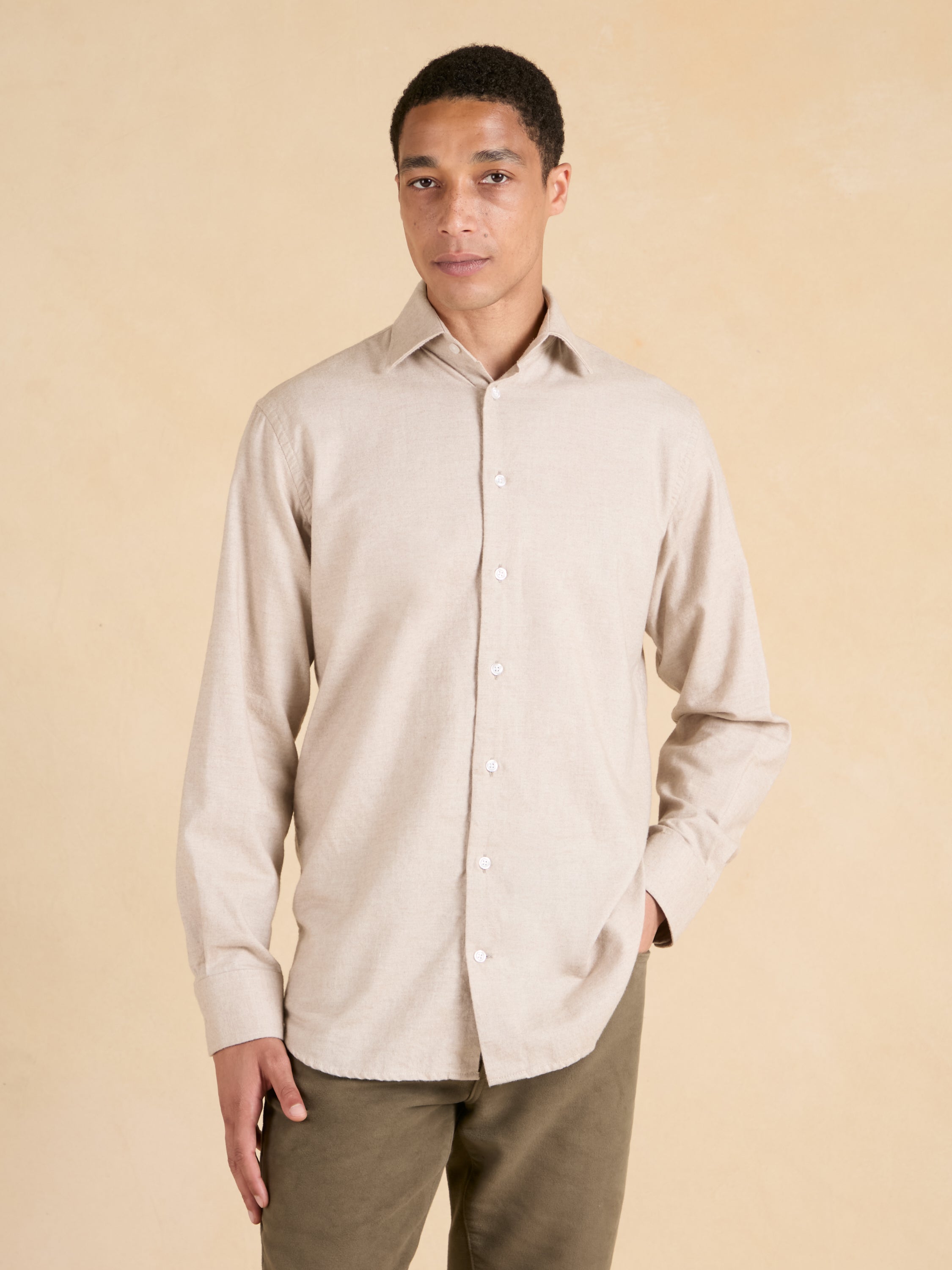 Sloane Shirt - Beige Brushed Cotton and Cashmere