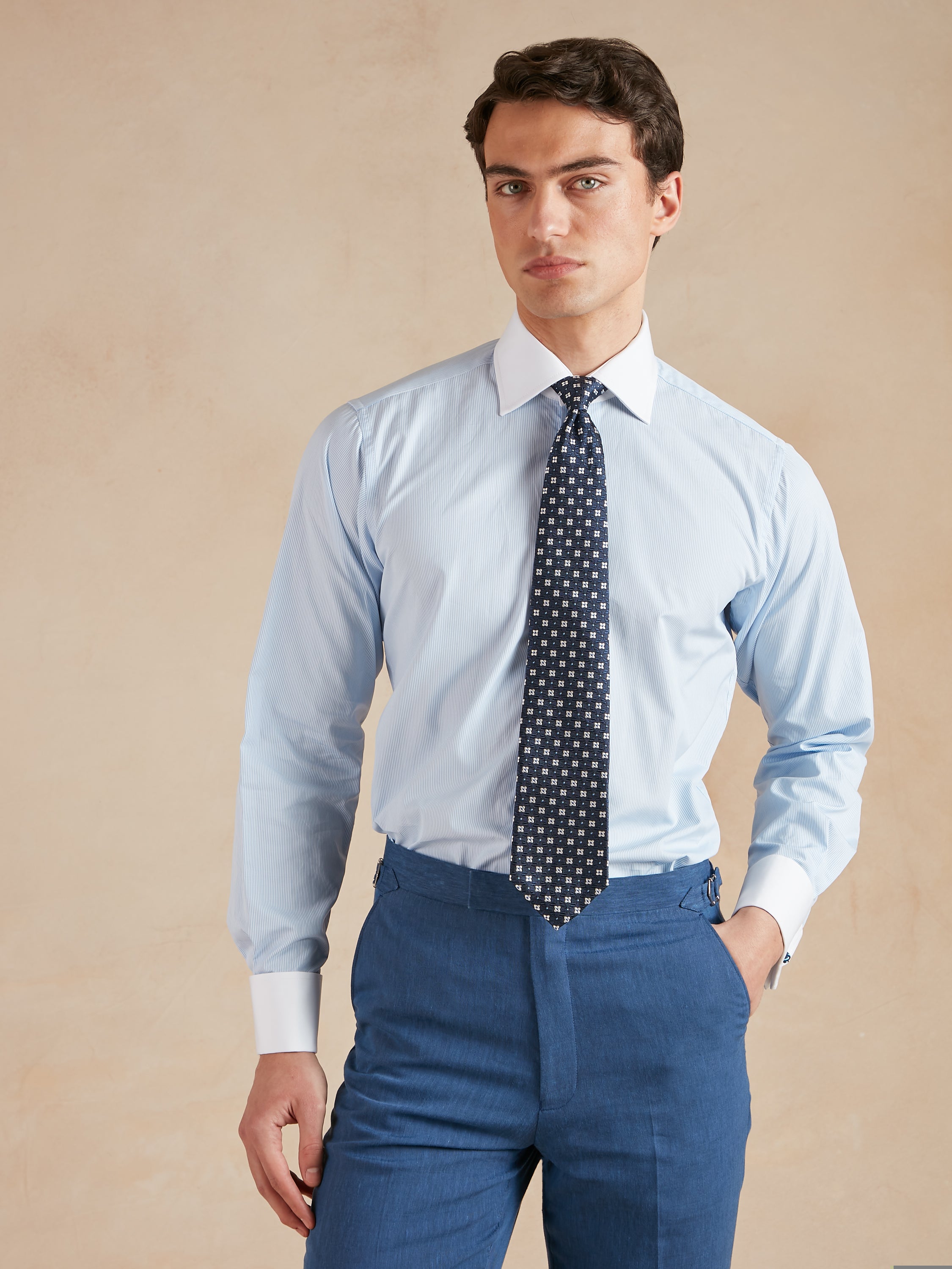 Striped Shirt with White Collar and Cuff - Blue