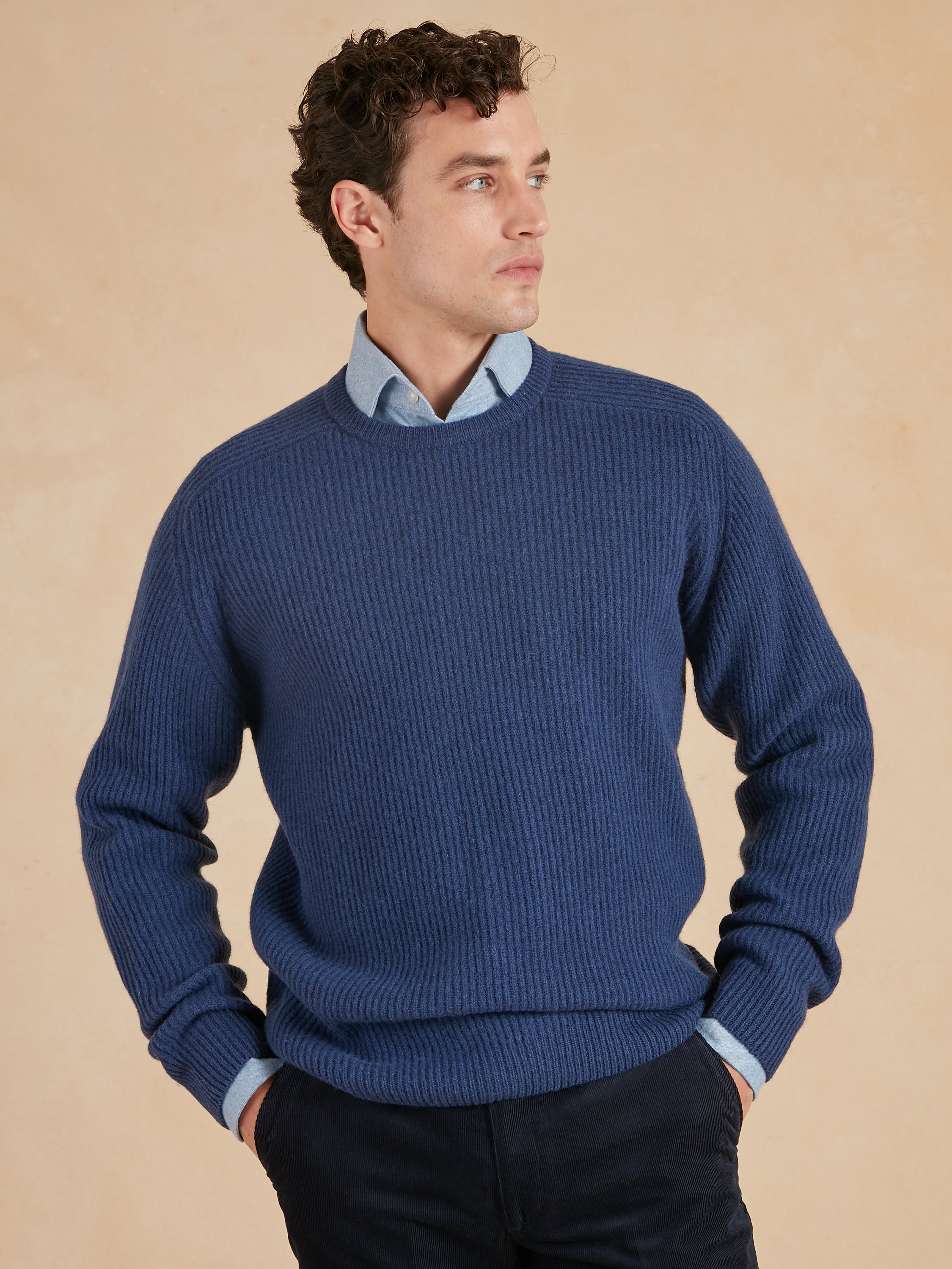 Lambswool Rib Stitch Crew Neck - Ink Blue | Men's Crew Neck