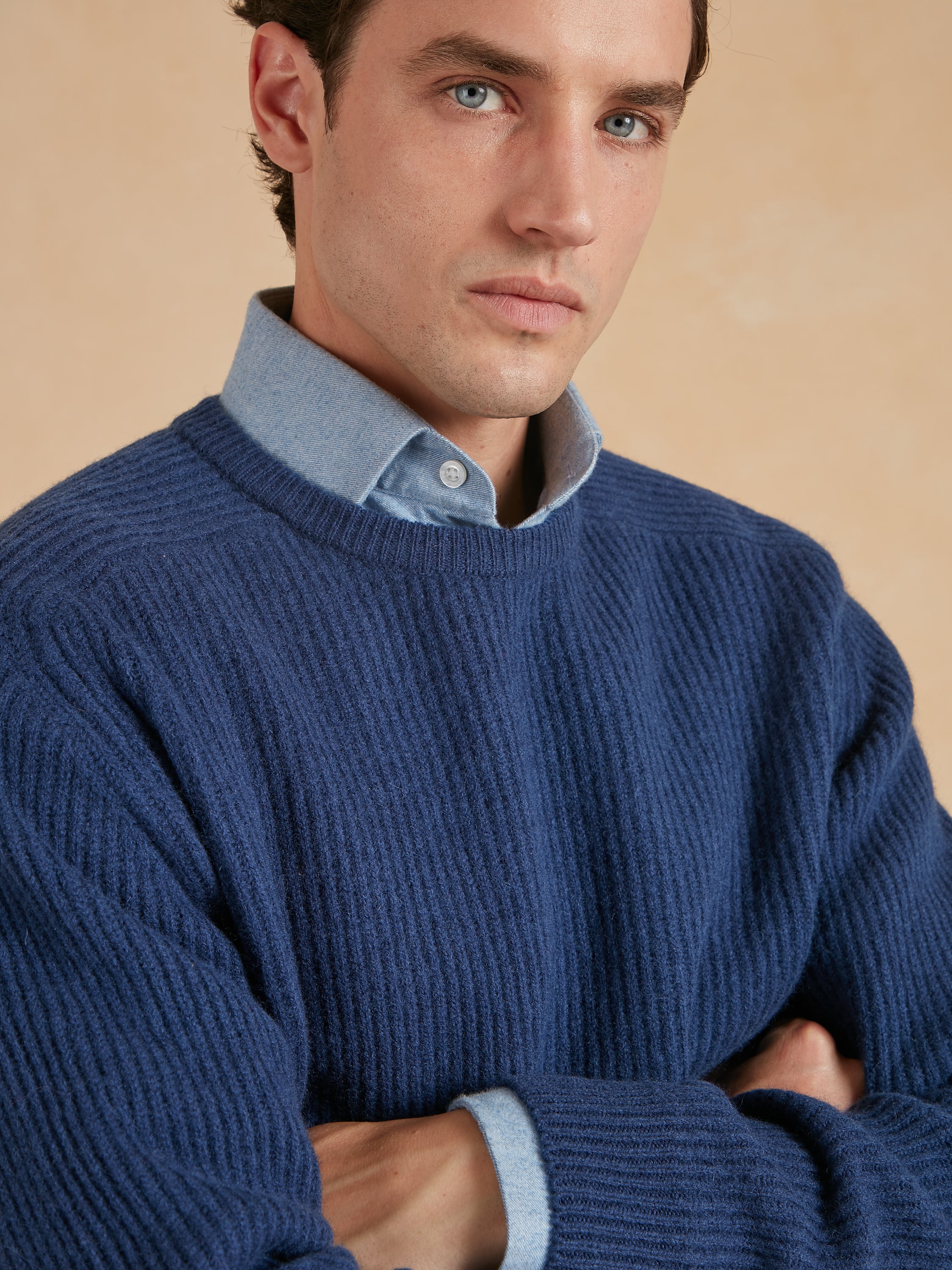 Lambswool Rib Stitch Crew Neck - Ink Blue