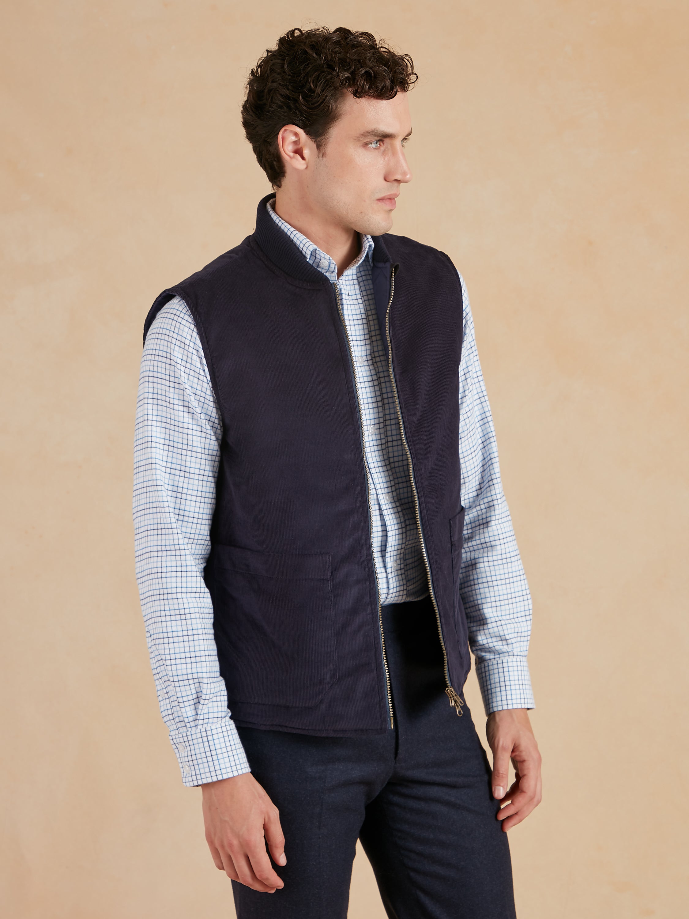 Nehru Collar Needlecord Gilet - Navy