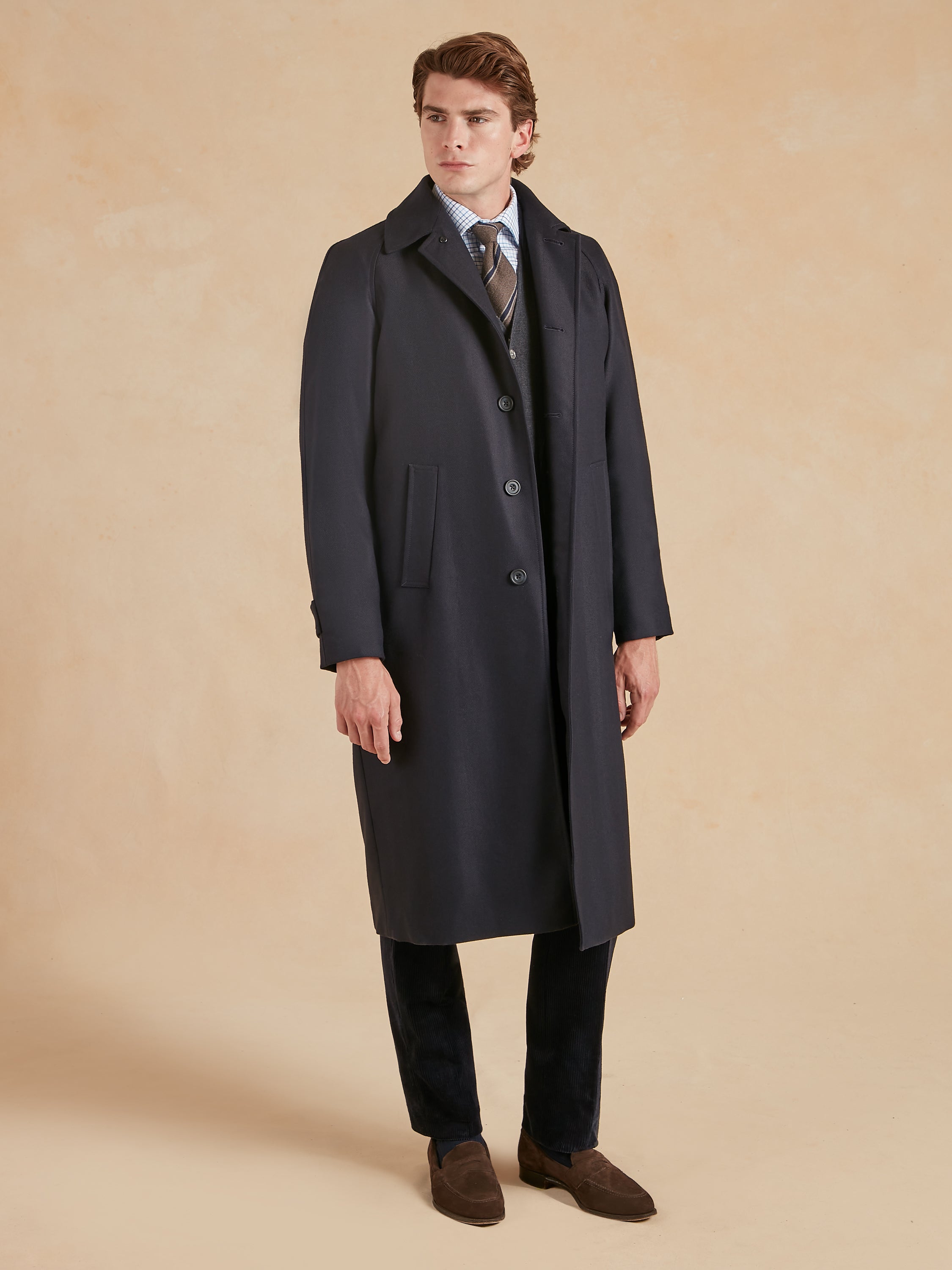 Raglan Sleeve Overcoat - Navy Herringbone