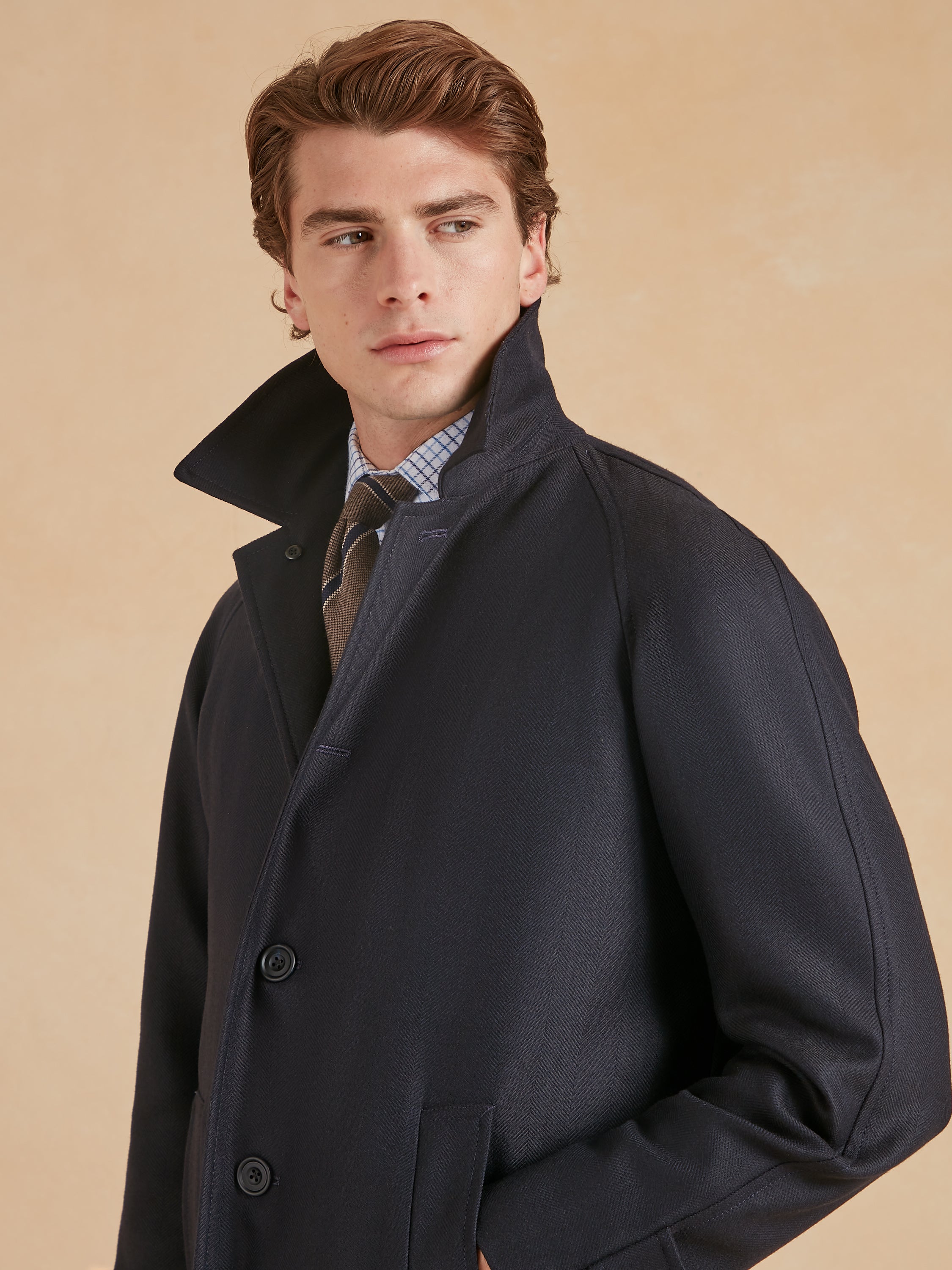 Raglan Sleeve Overcoat - Navy Herringbone