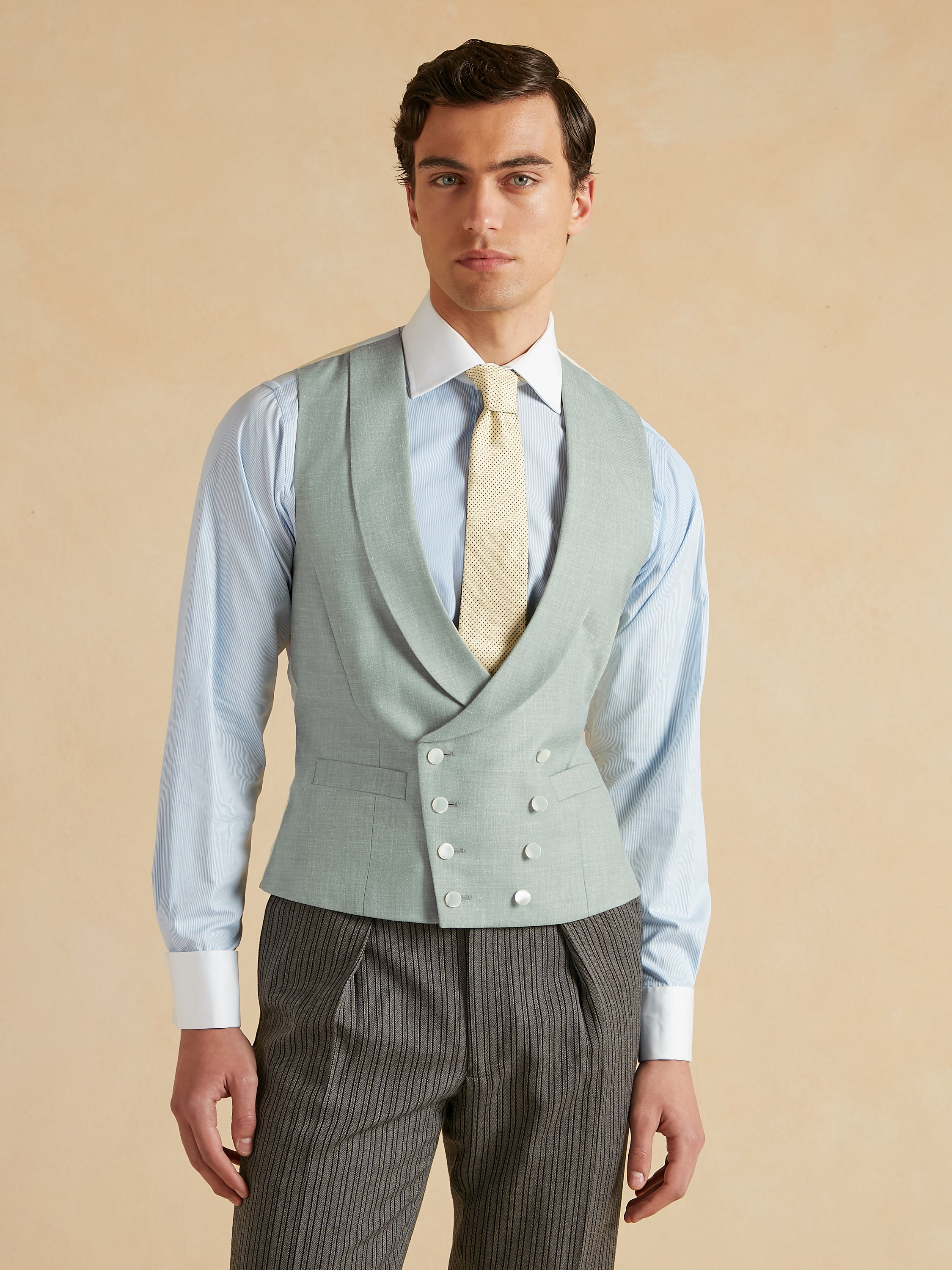 Tropical Wool, Silk and Linen Double Breasted Waistcoat - Light Sage
