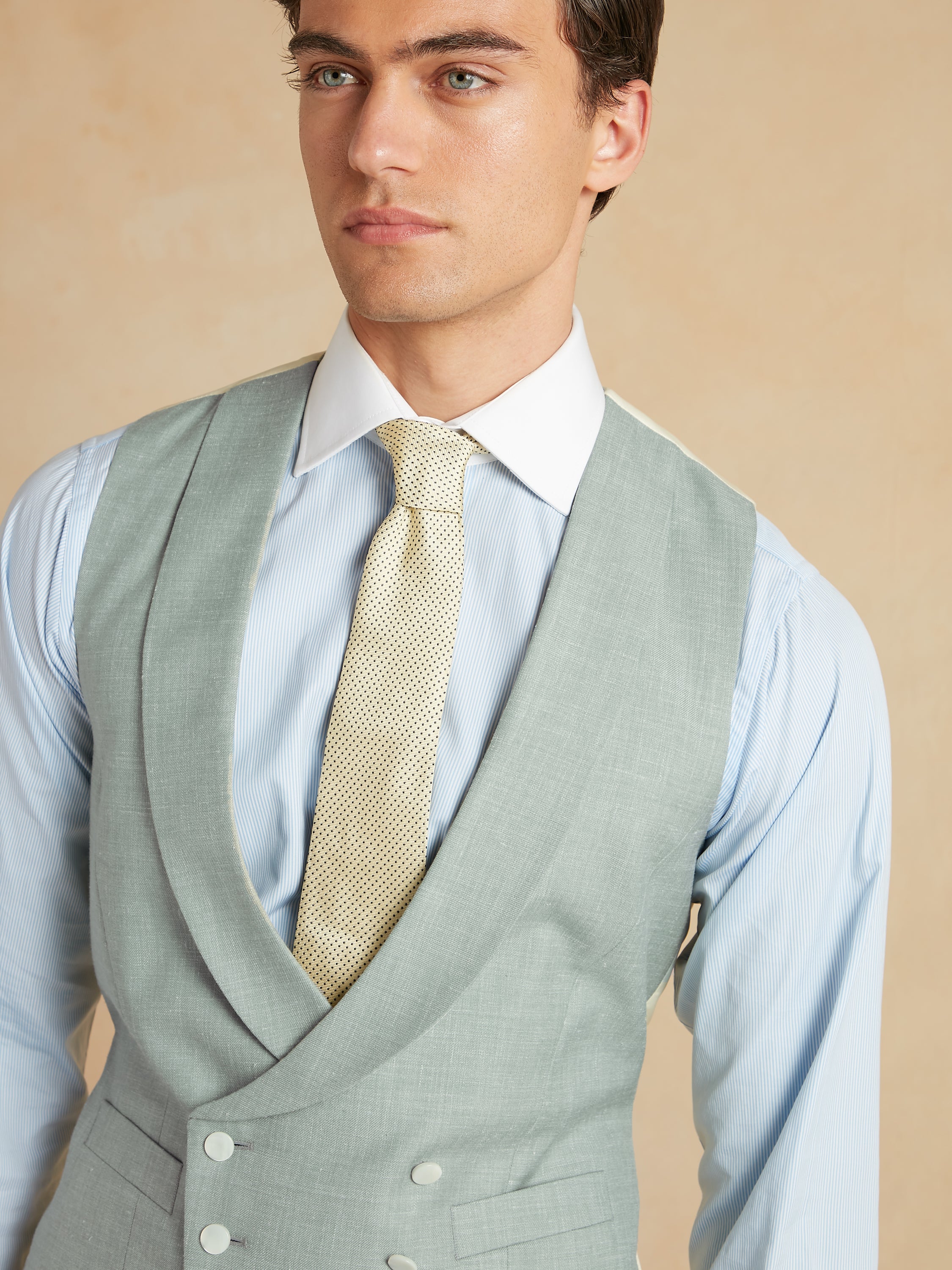 Tropical Wool, Silk and Linen Double Breasted Waistcoat - Light Sage