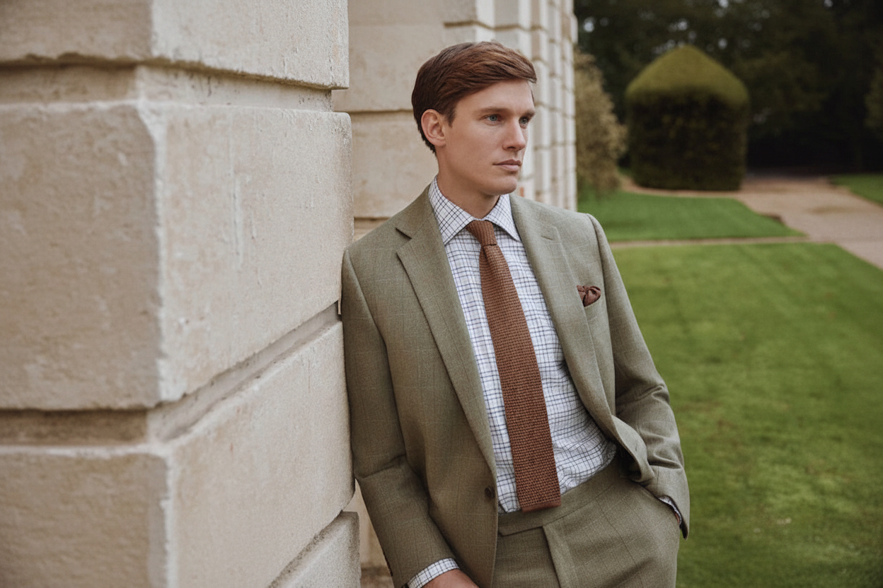 Man sitting down in country home. He wears Oliver Brown; forest green tweed jacket and twill beige trousers.