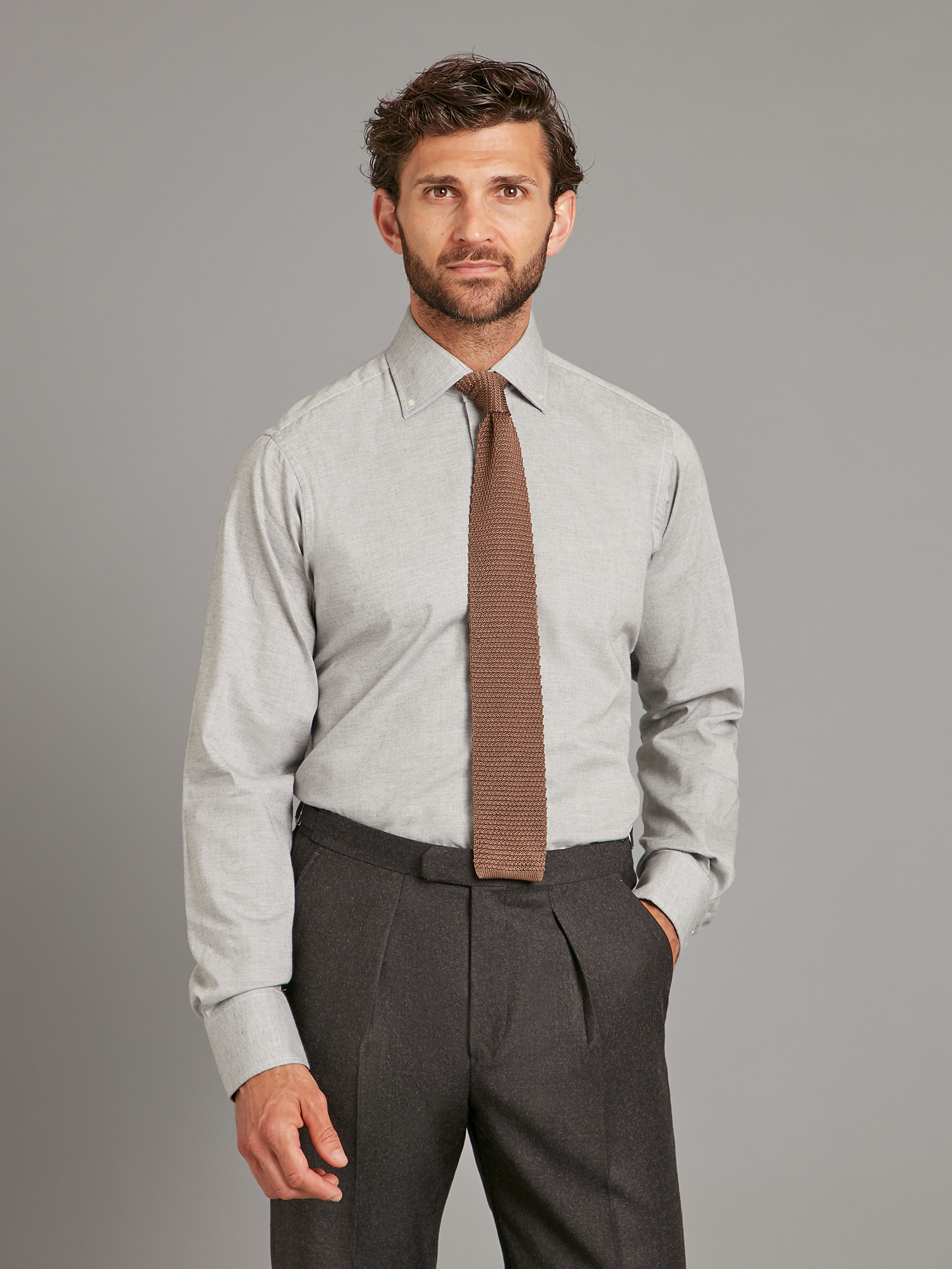 Button Down Shirt Cotton Melange Light Grey