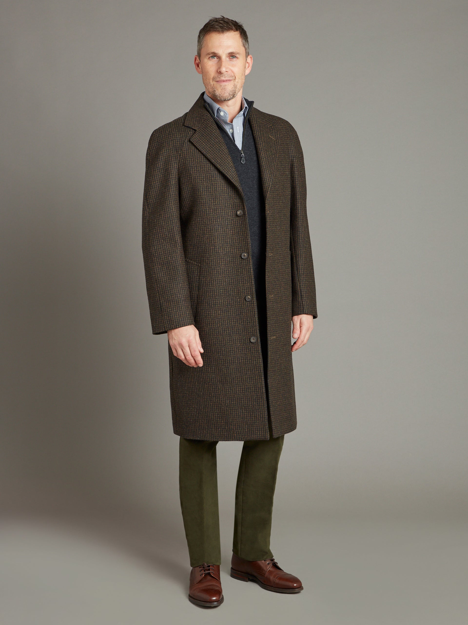 Raglan Sleeve Overcoat Houndstooth Green Brown