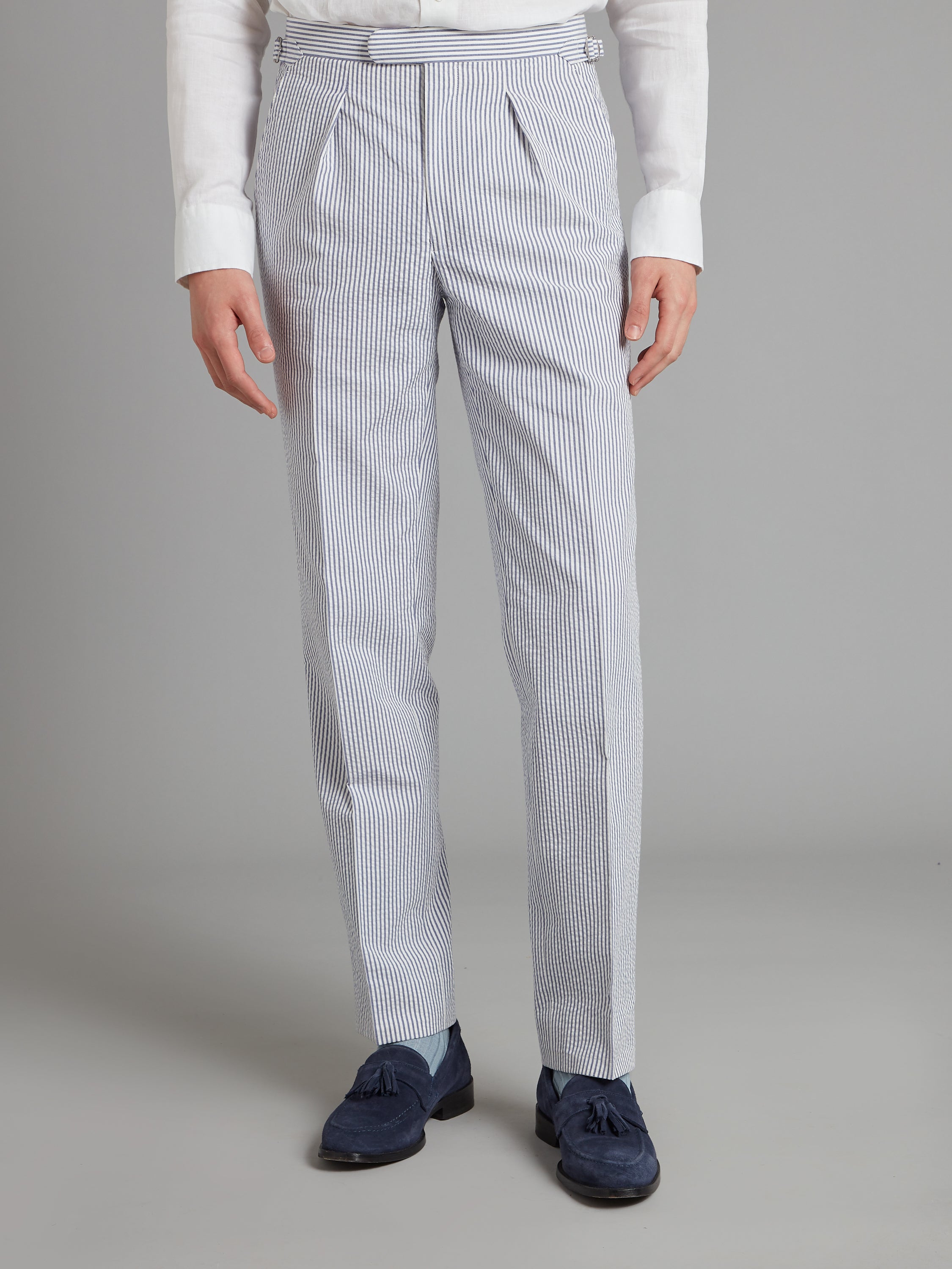 Pleated Trousers - Navy/White Stripe