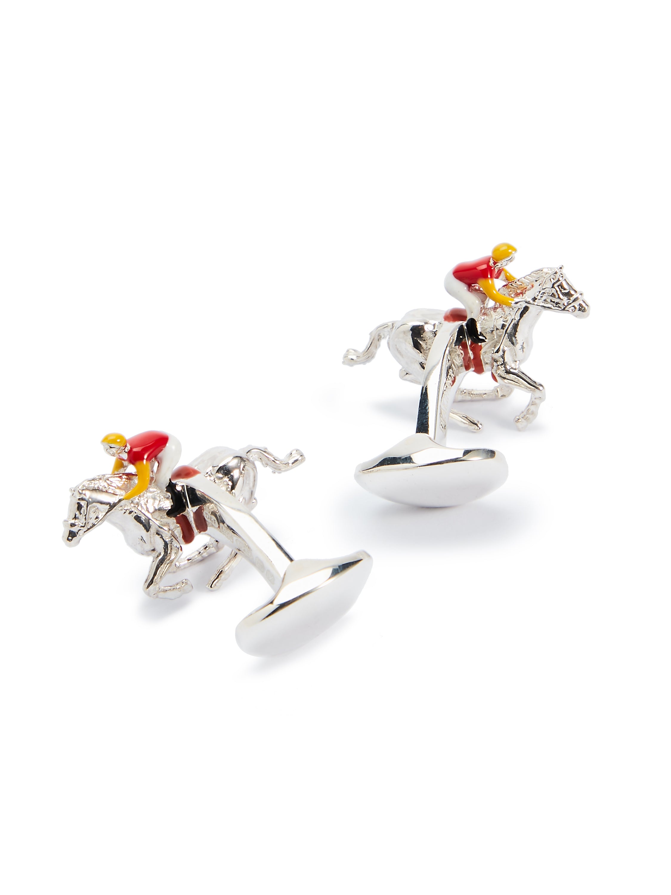 Sterling Silver Horse and Jockey Cufflinks - Red/Yellow
