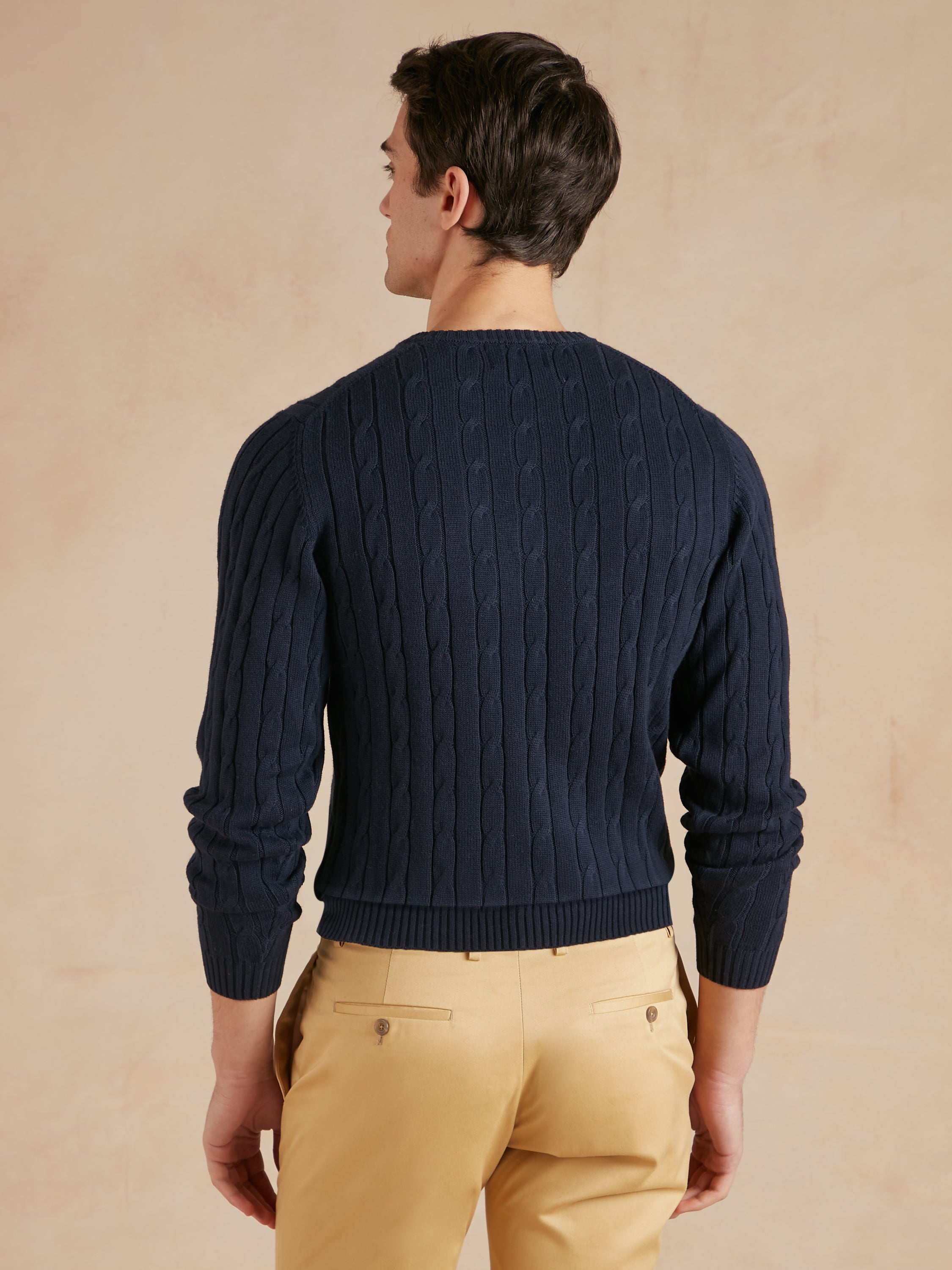 Cable Knit Cotton Cashmere Crew Neck Jumper - Navy