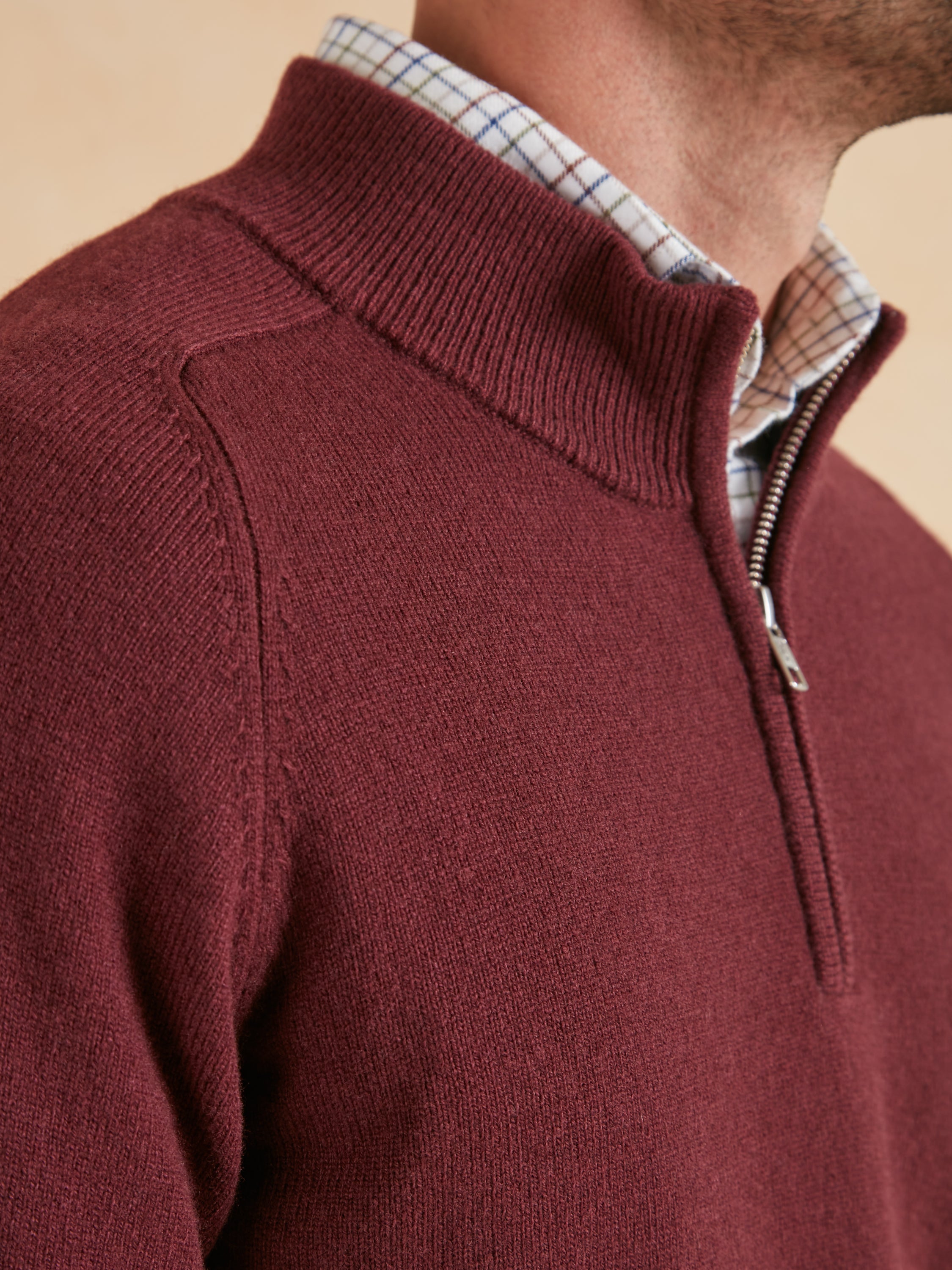 Quarter Zip Lambswool Jumper - Burgundy
