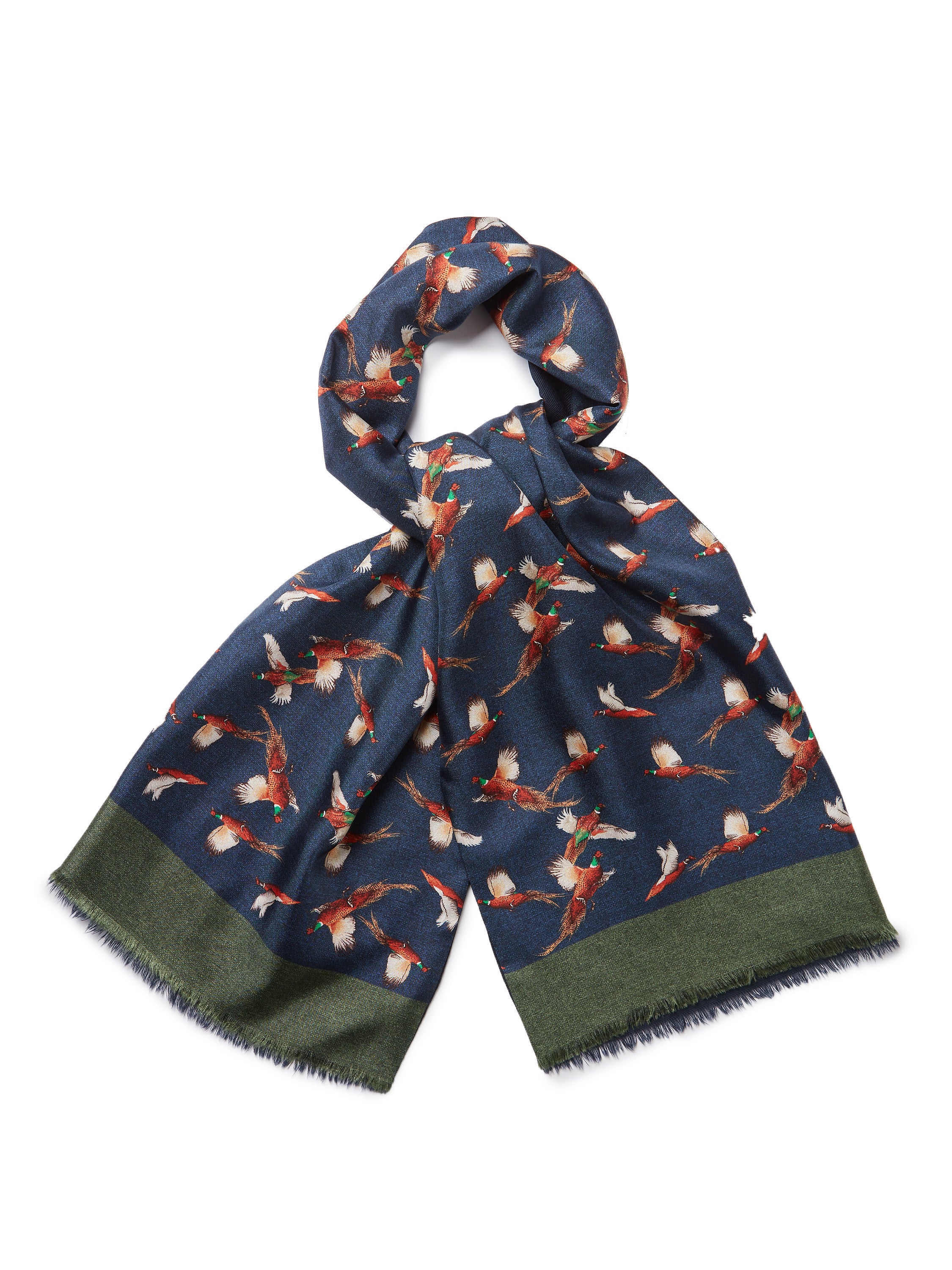 Wool and Silk Flying Pheasant Scarf - Navy