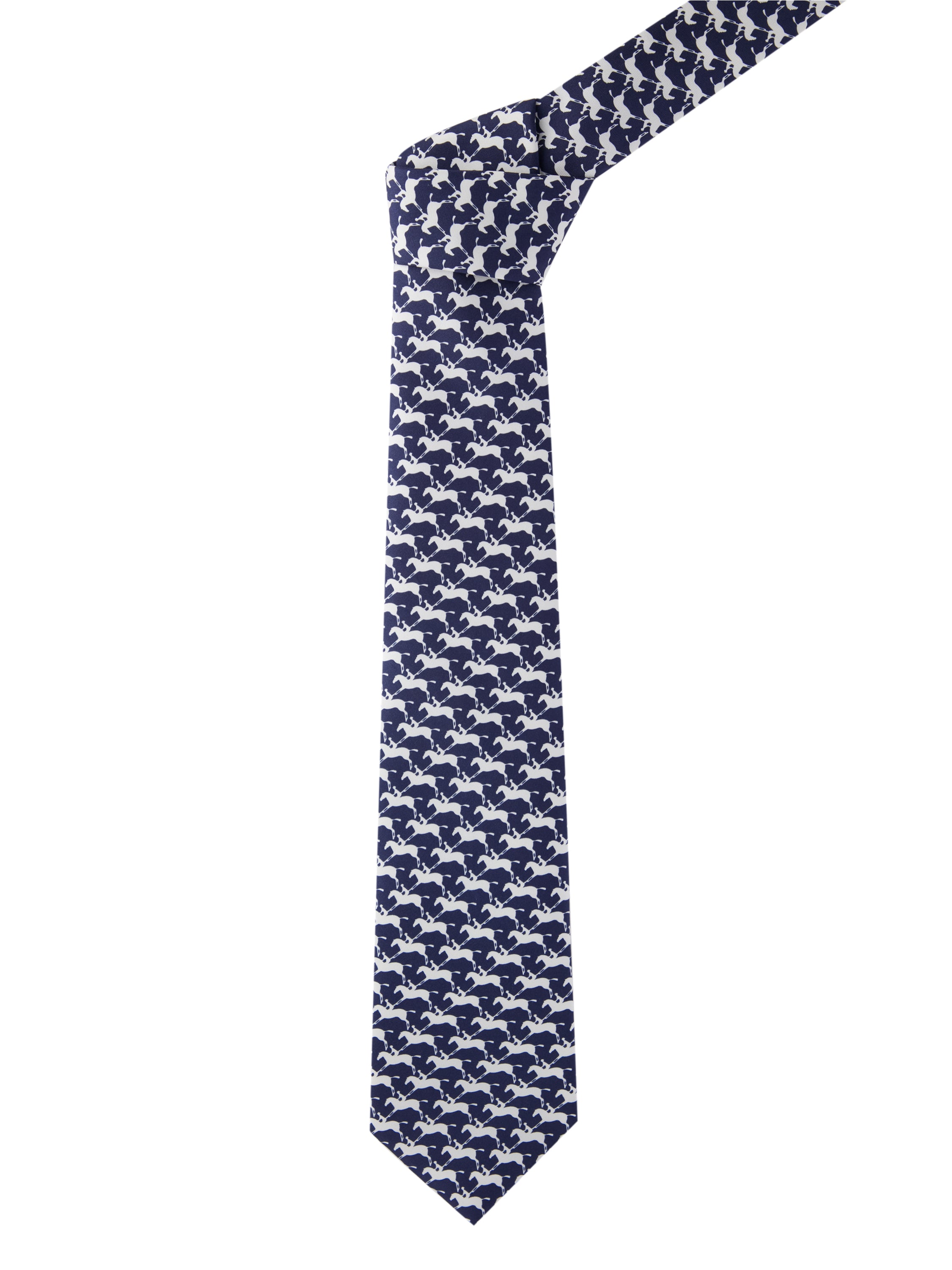 Horse / Jockey Print Silk Tie - Navy/White