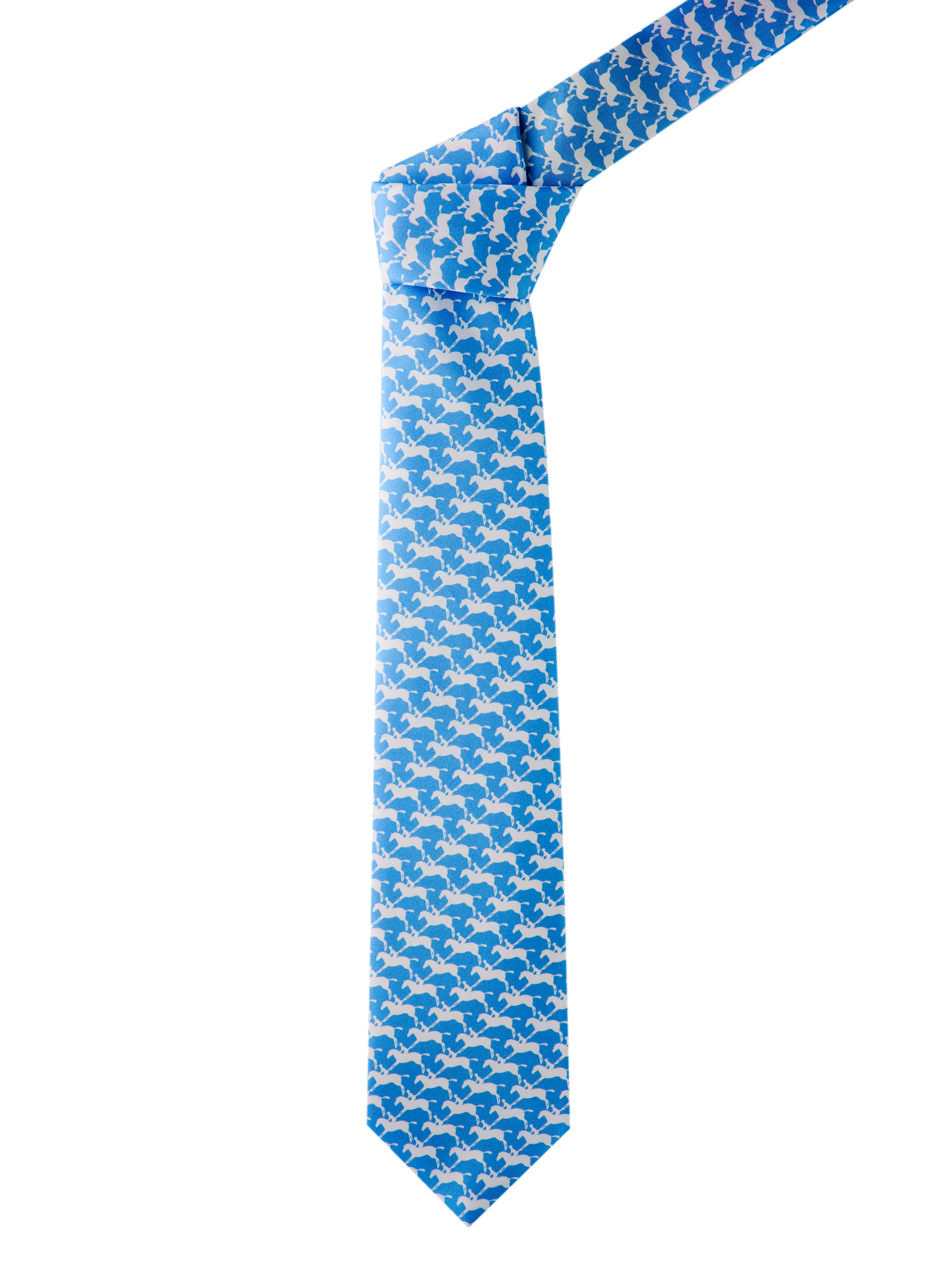 Horse / Jockey Print Silk Tie - Mid Blue/White