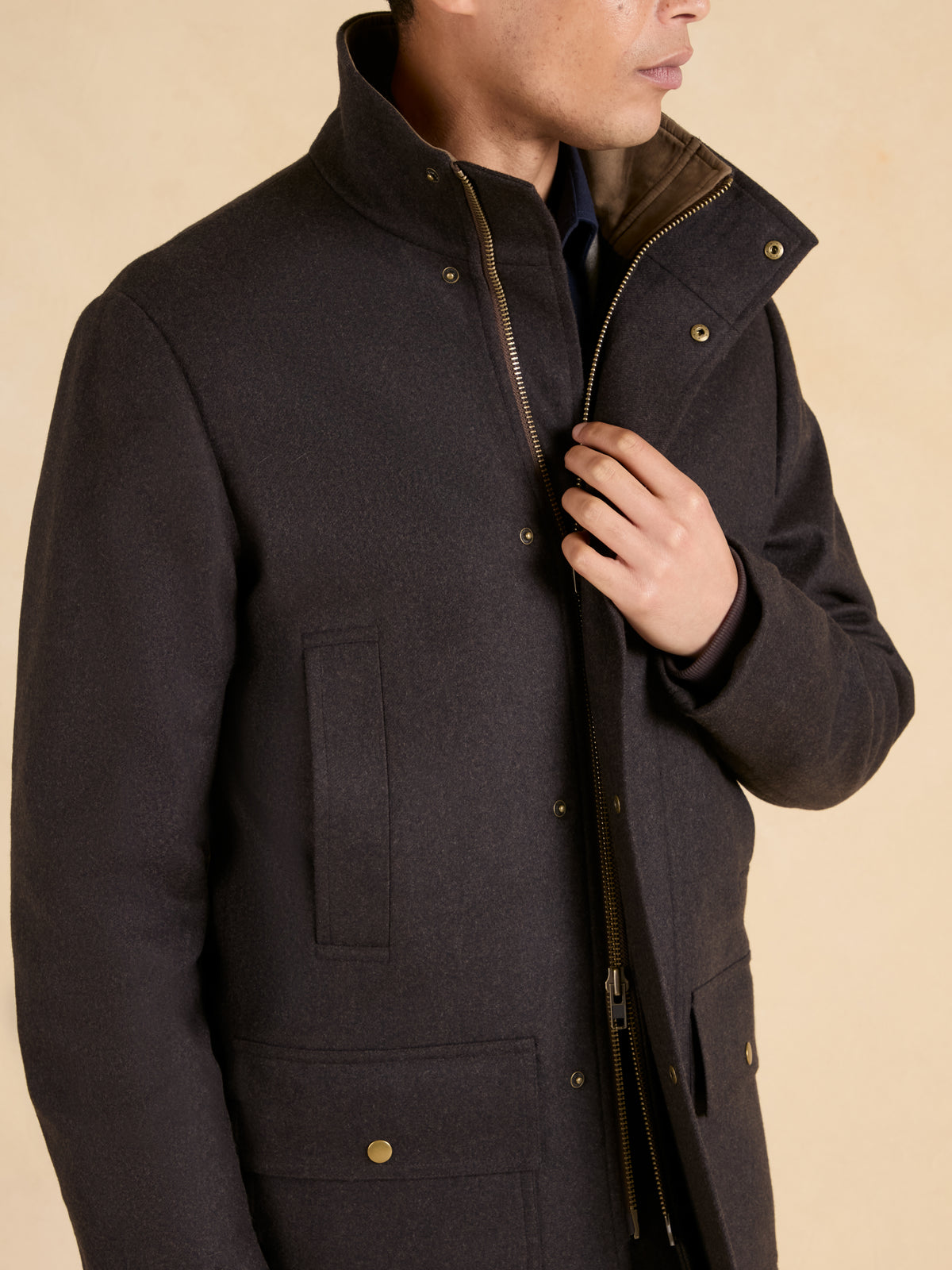 Draycott Stand-Collar Coat - Brown Double Melton Wool