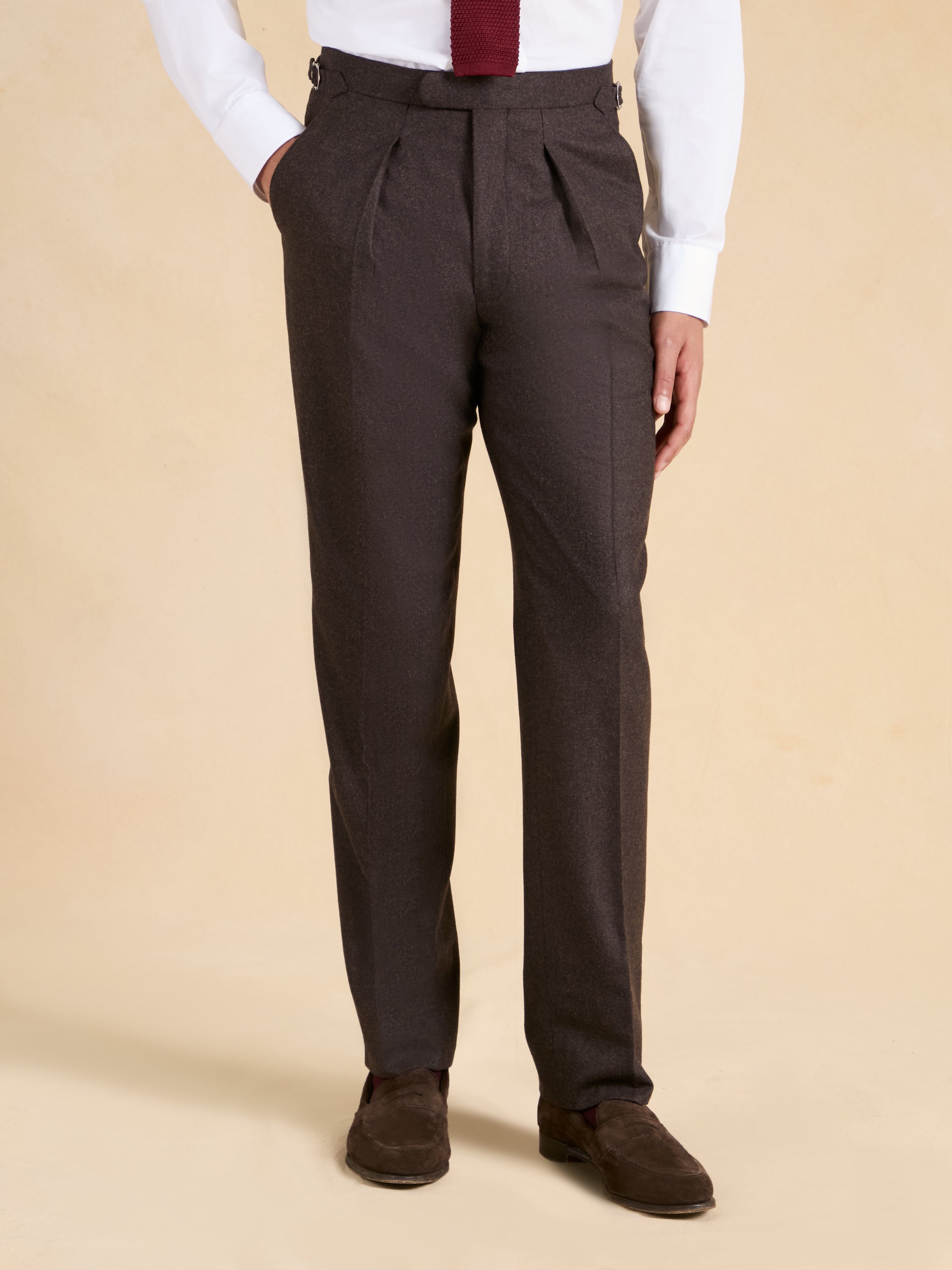 Grosvenor Pleated Trousers - Brown Flannel Wool
