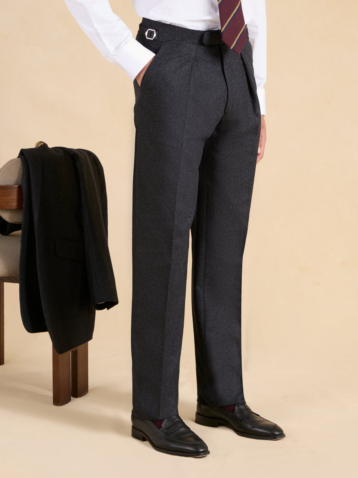 Grosvenor Pleated Trousers - Charcoal Flannel Wool