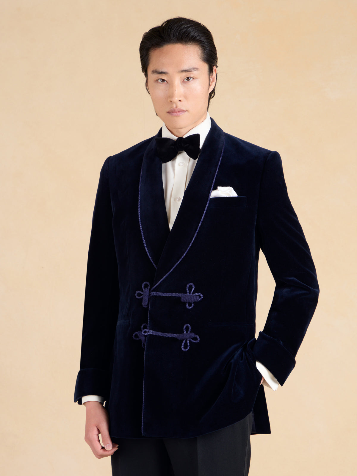 Caversham Smoking Jacket with Silk Toggles - Navy Cotton Velvet