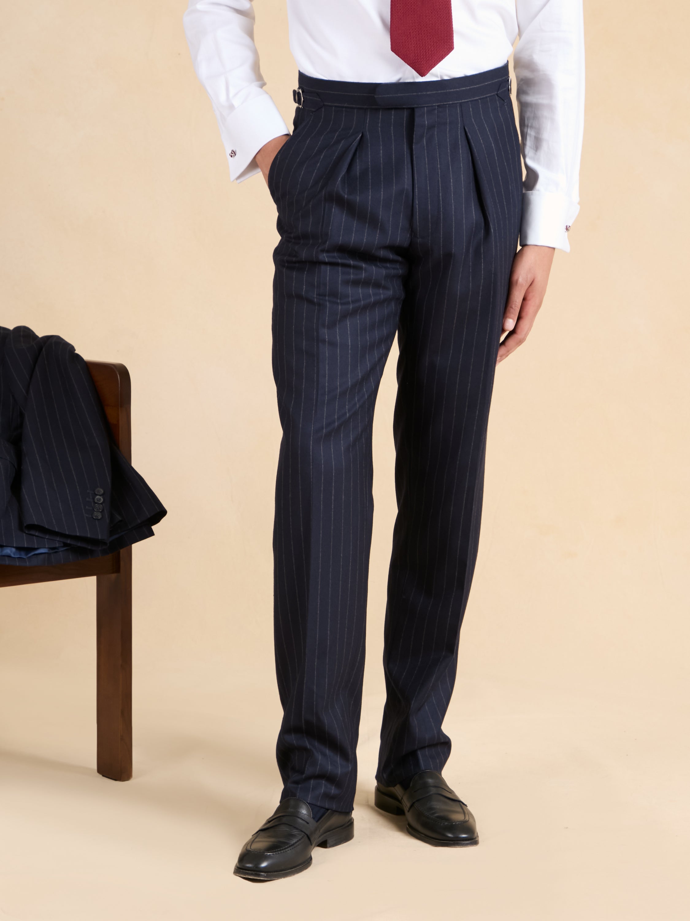 Grosvenor Pleated Trousers - Navy Chalk Stripe Wool