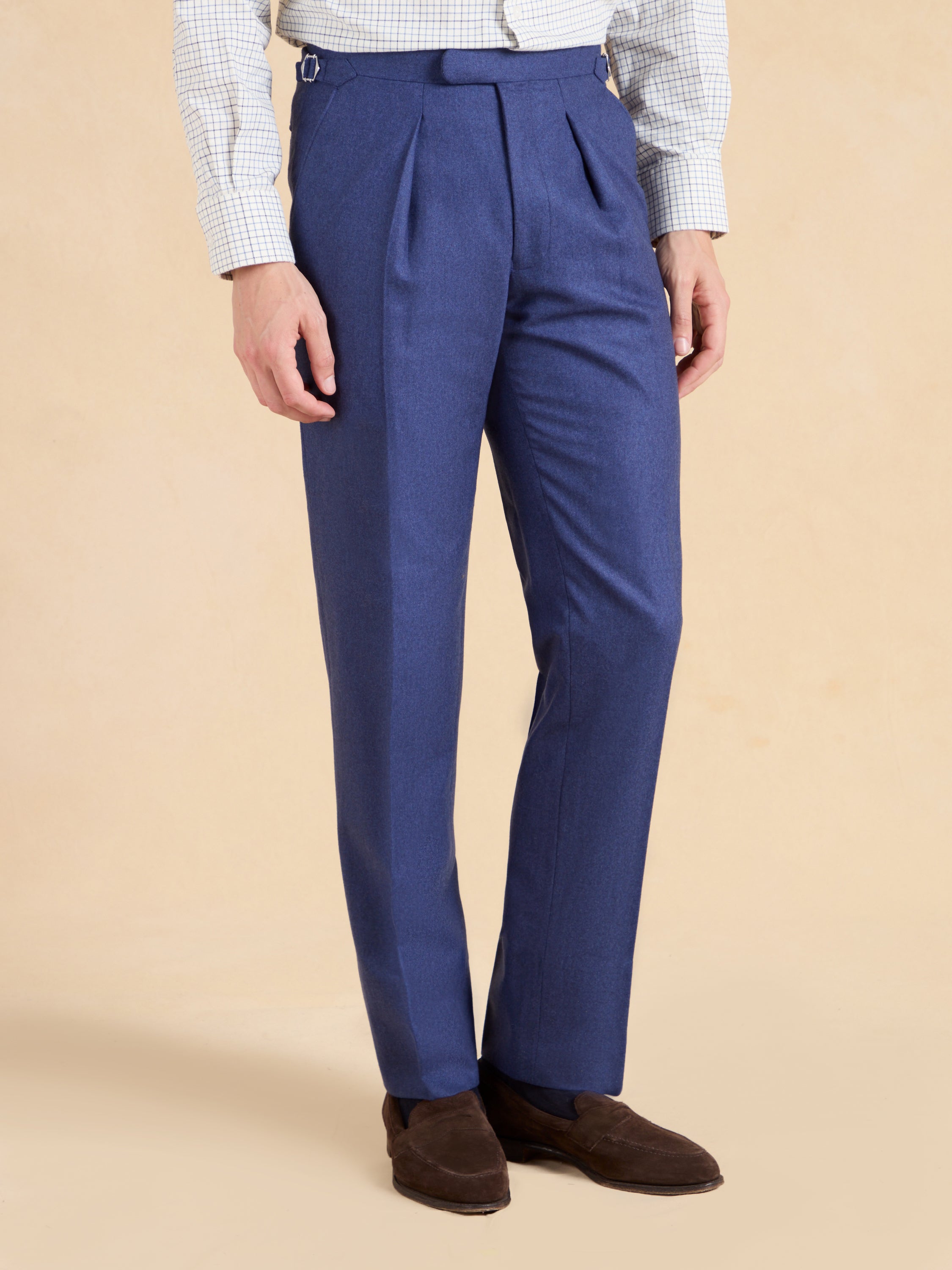 Grosvenor Pleated Trousers - Mid Blue Flannel Wool
