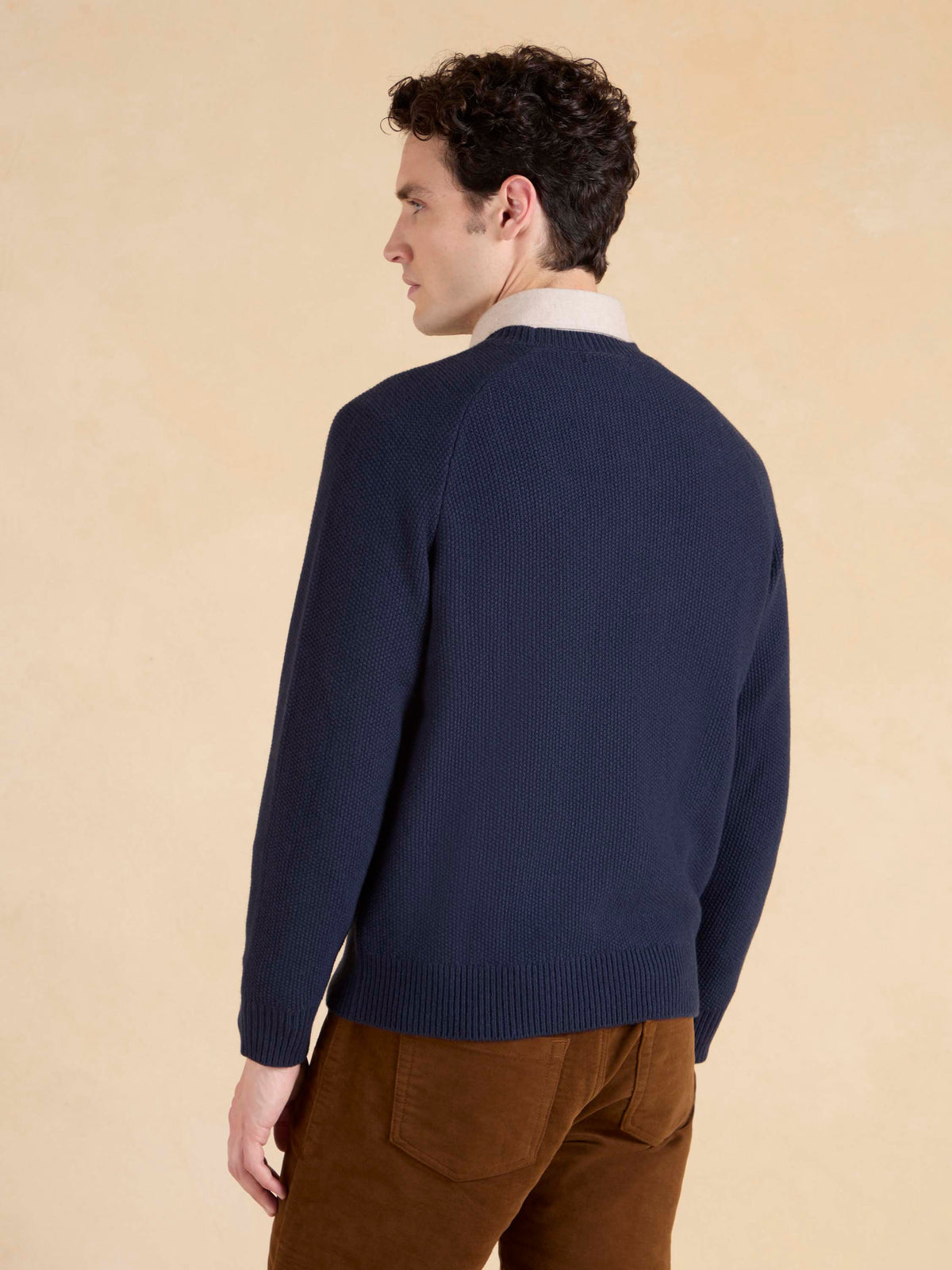 Lansdowne Moss Stitch Crew Neck Jumper - Navy Lambswool