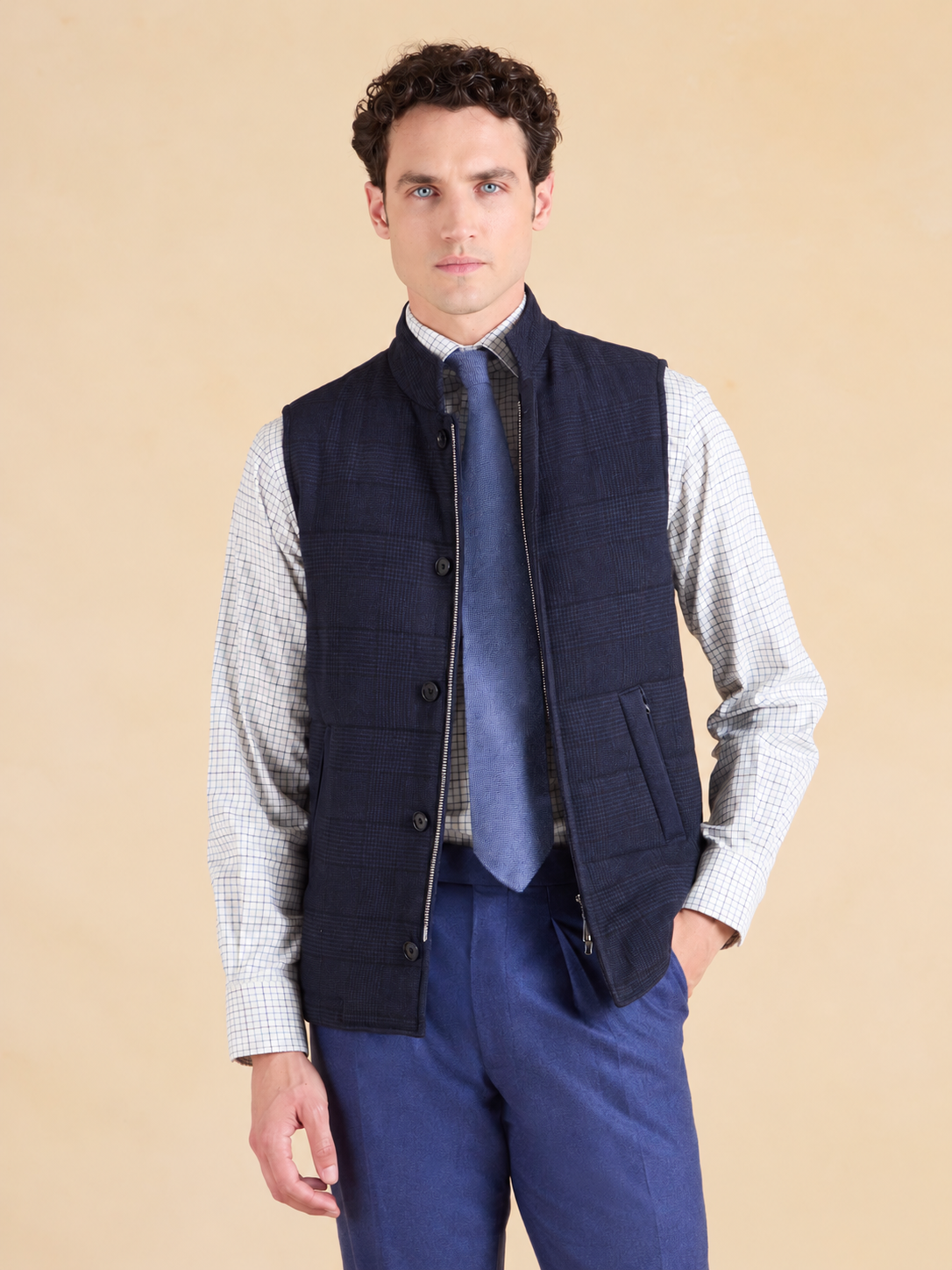 Markham Gilet - Navy Checked Cashmere Blend
