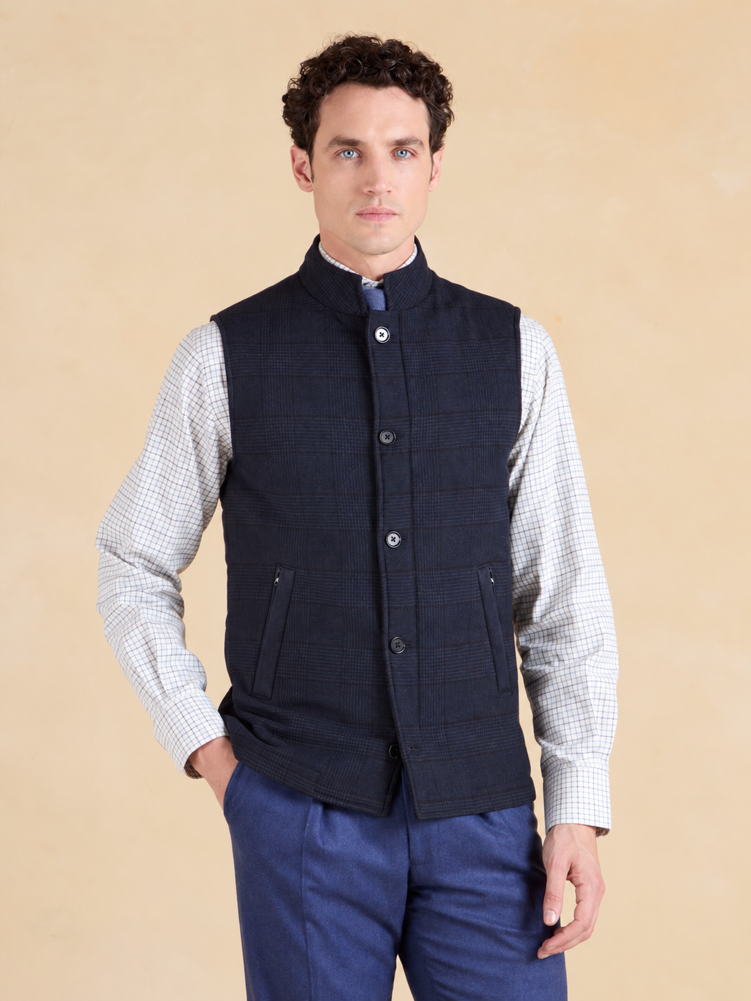 Markham Gilet - Navy Checked Cashmere Blend