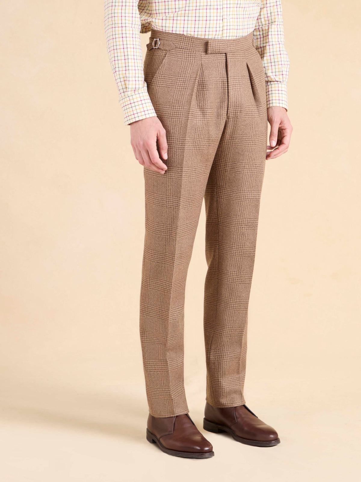 Grosvenor Pleated Trousers - Brown Check Tweed
