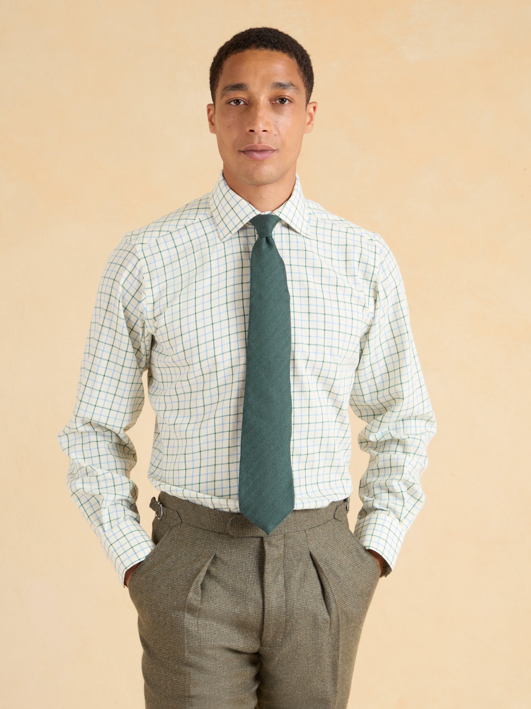 City Tattersall Shirt - Racing Green and Blue Brushed Cotton